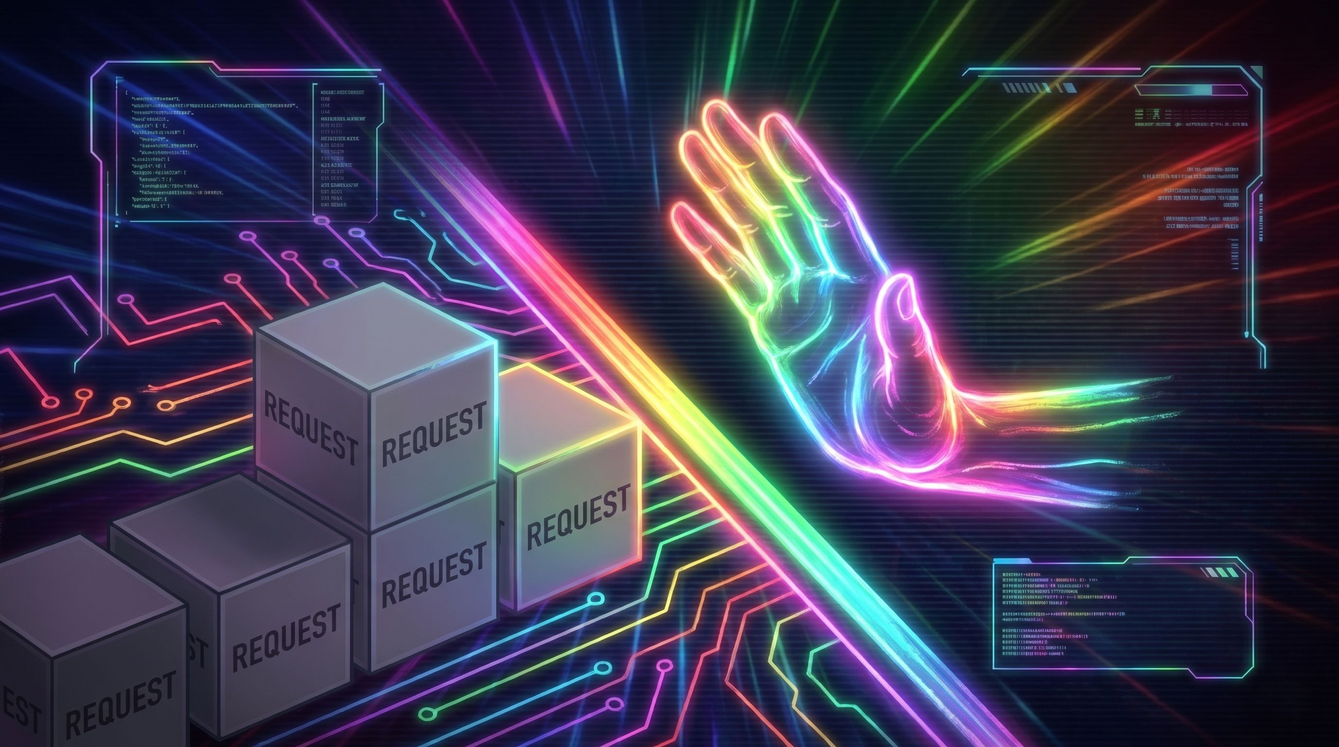 A rainbow-neon hand raised to halt a stack of grey boxes labelled REQUEST behind a glowing light barrier on dark circuitry.