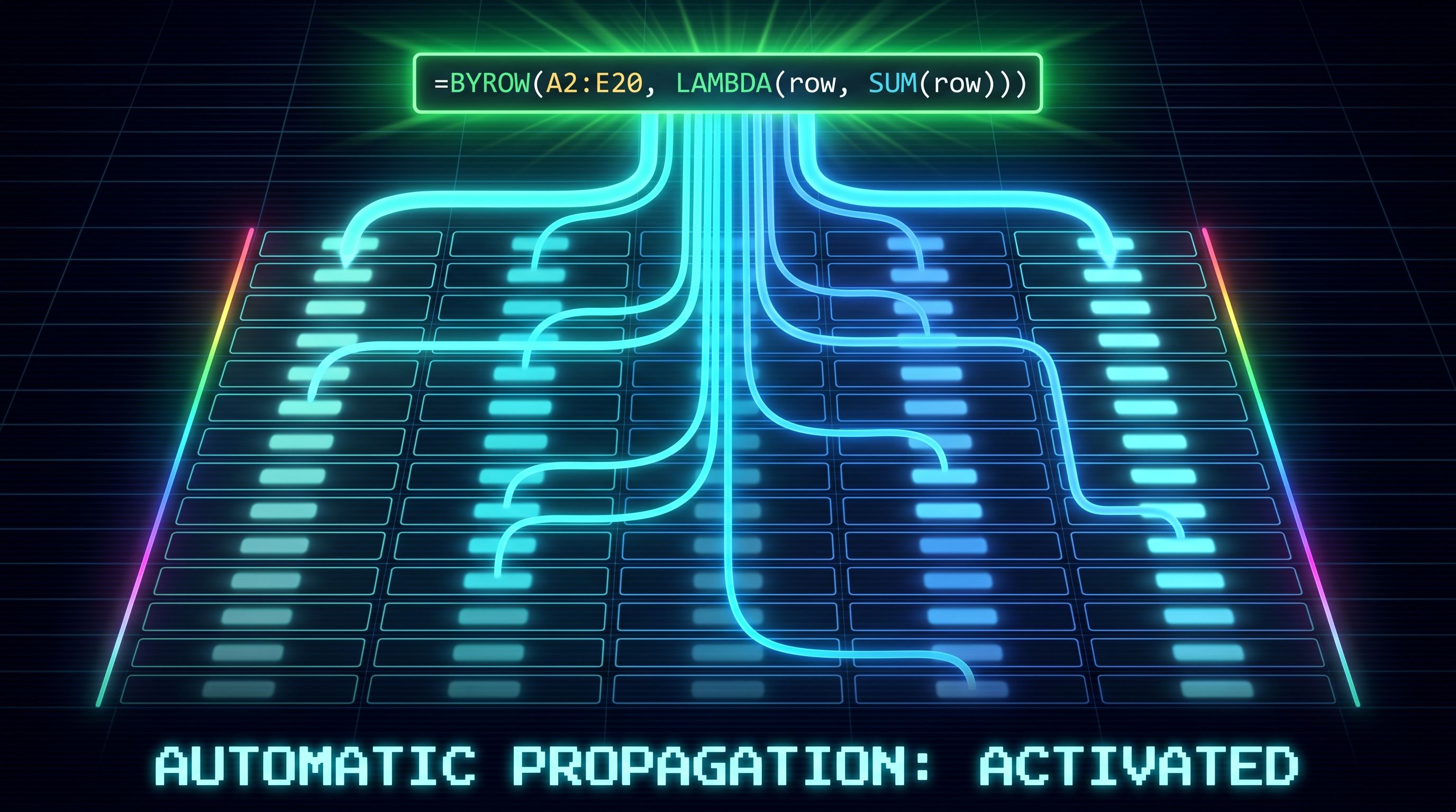 A neon-lit graphic showing a spreadsheet formula `=BYROW(A2:E20, LAMBDA(row, SUM(row)))` feeding into grid cells below.