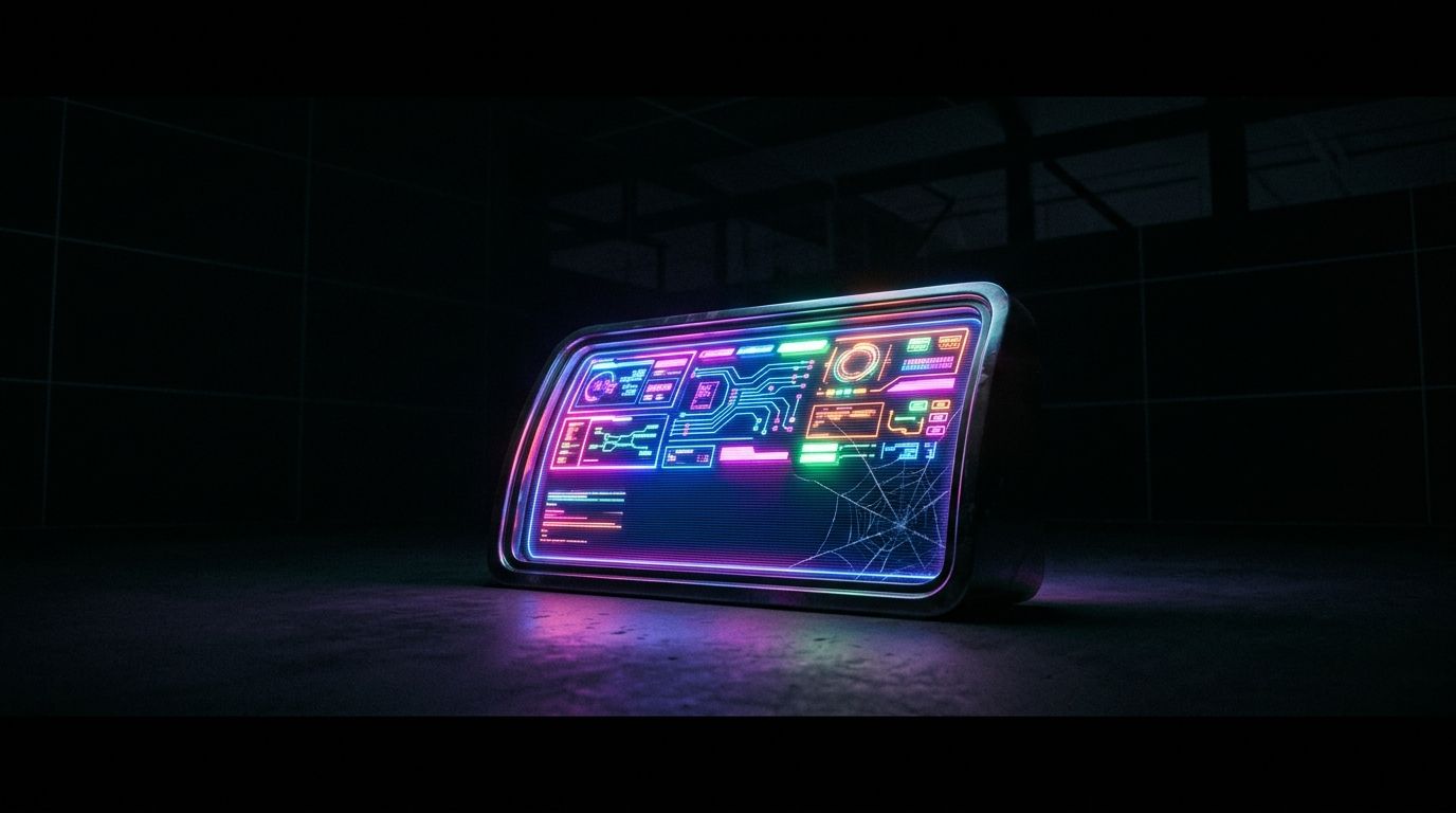 A glowing neon dashboard screen stands alone in a dark warehouse, a faint cobweb crack across one corner.