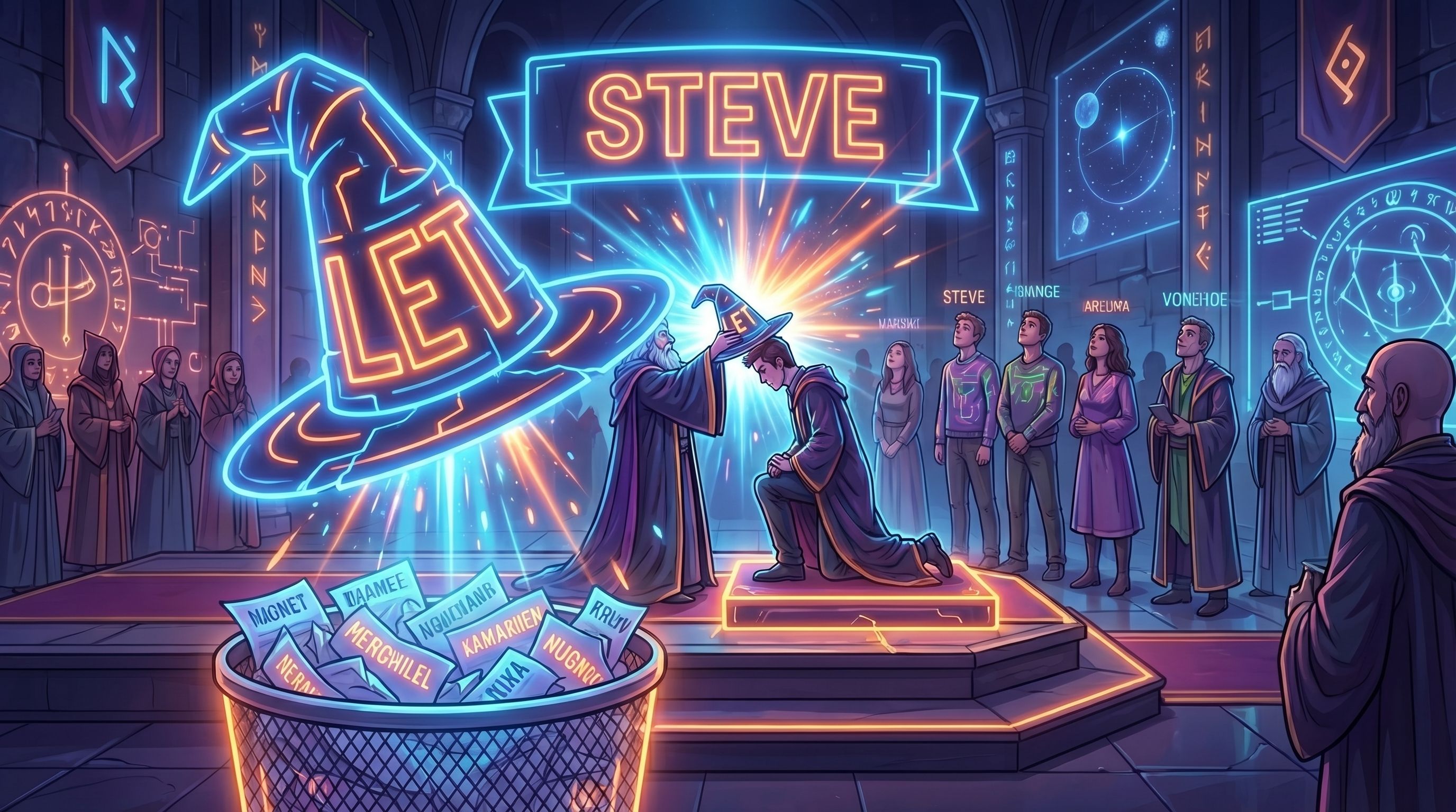 A wizard places a neon "LET" hat on a man's head, with a bin of discarded names labeled with Excel-like functions in a hall.