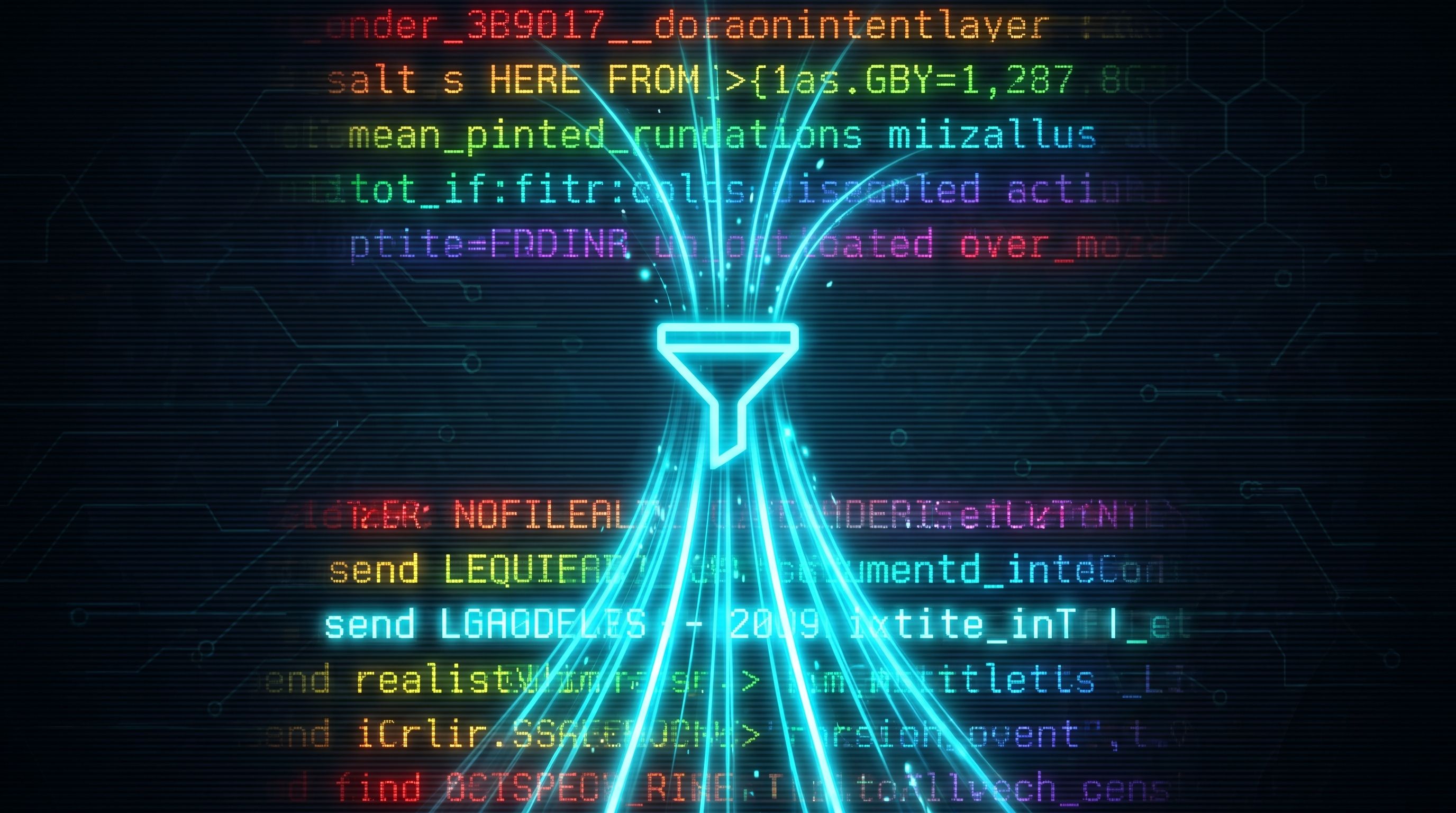 A glowing cyan funnel icon centered over lines of colorful, digital text flowing through it against a dark background.