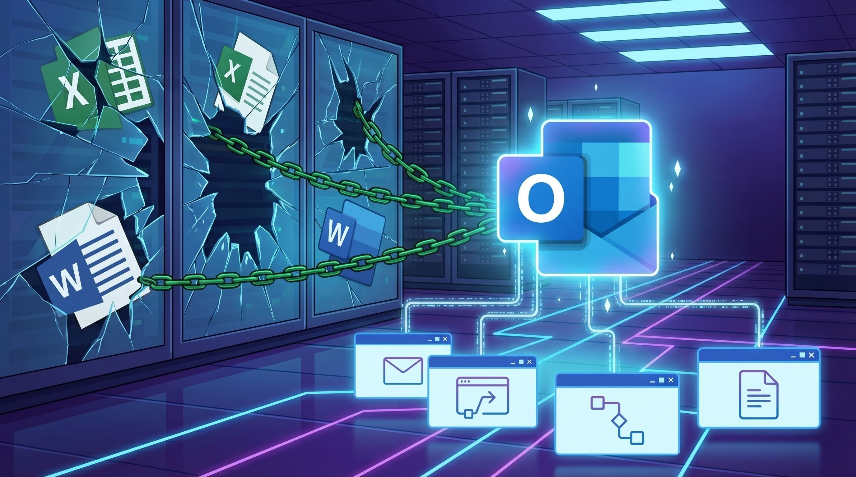 A glowing Outlook icon connected by chains to broken server screens displaying Excel and Word logos, with workflow icons below.