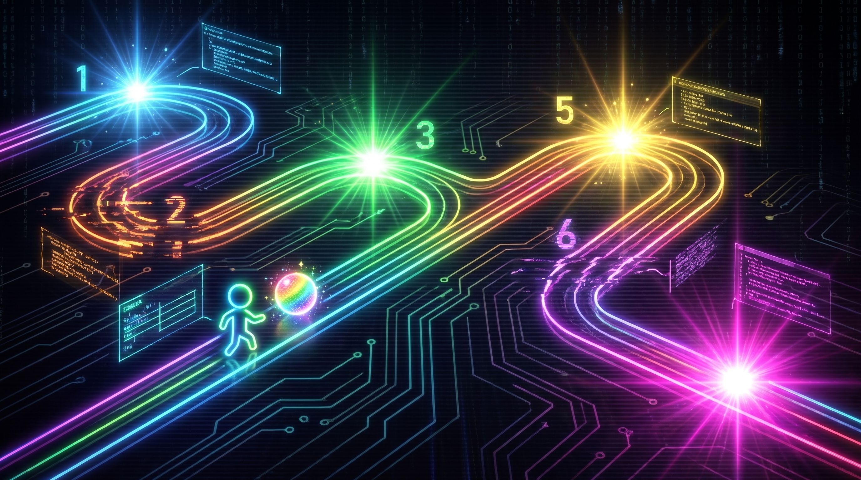 A small glowing figure walks a winding rainbow-neon path past numbered data checkpoints toward a glowing orb.