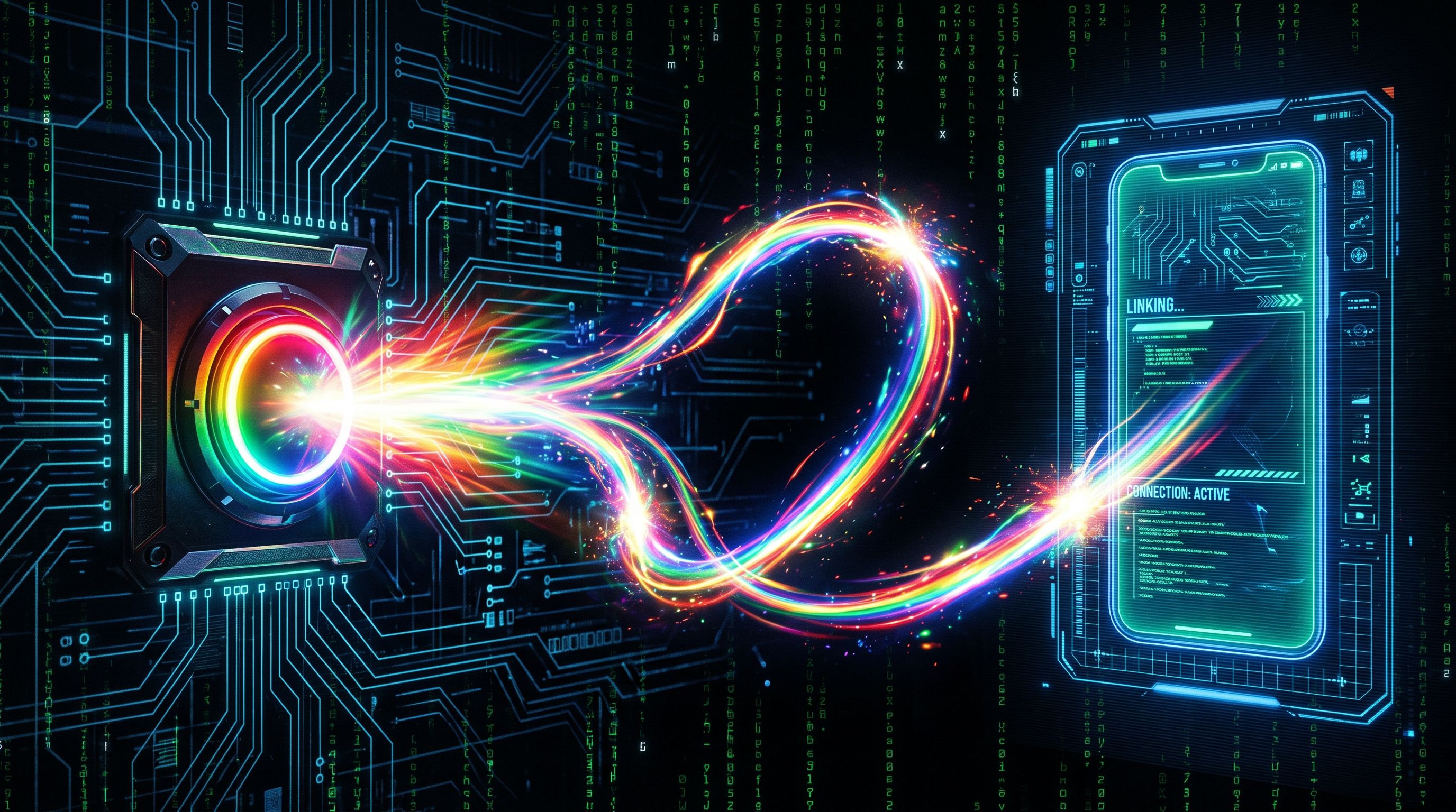 A glowing rainbow trigger button on a circuit board sending a light trail into a phone screen reading Connection Active.