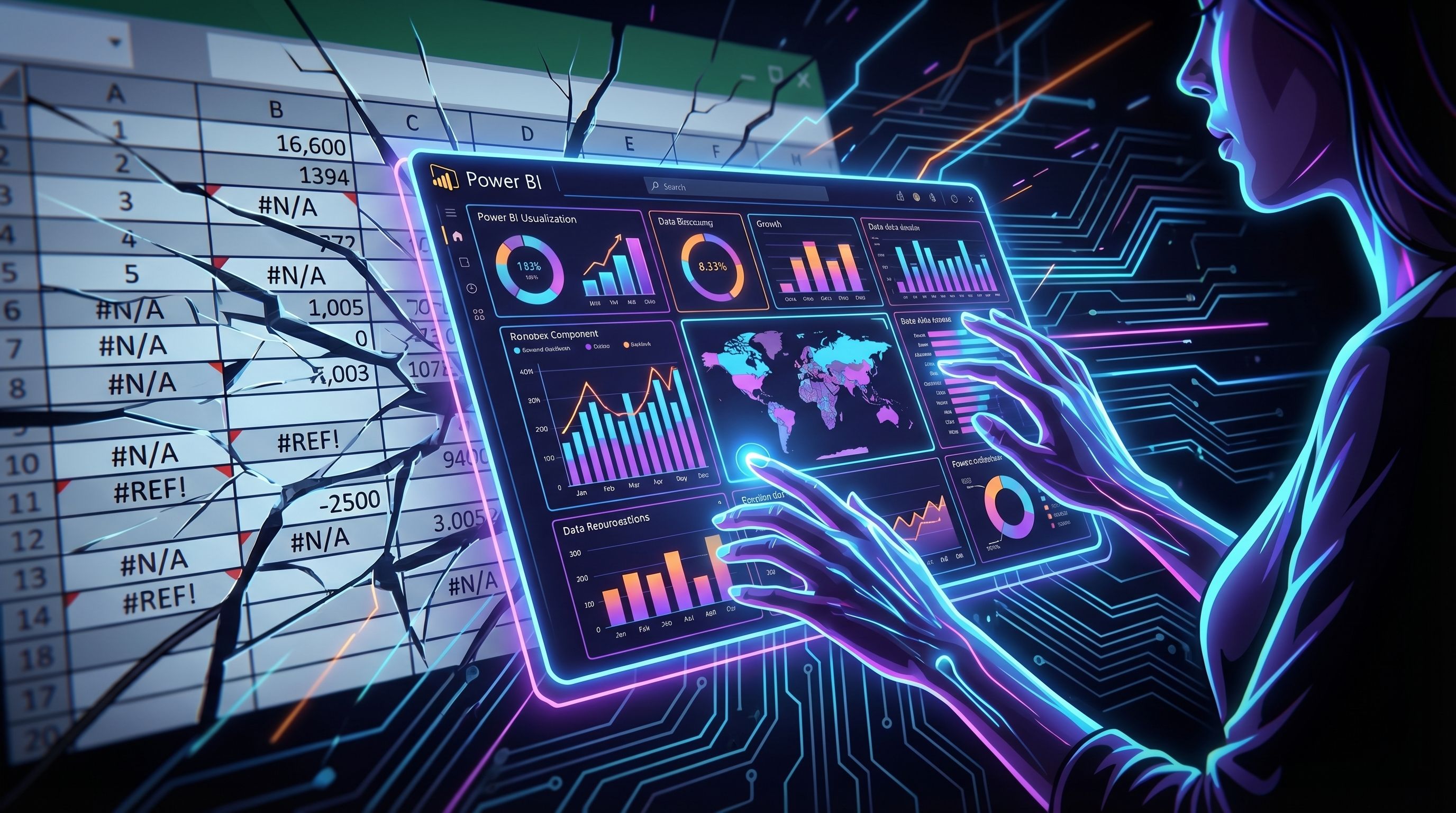 A woman interacts with a glowing Power BI dashboard as a shattered spreadsheet interface displays errors in the background.
