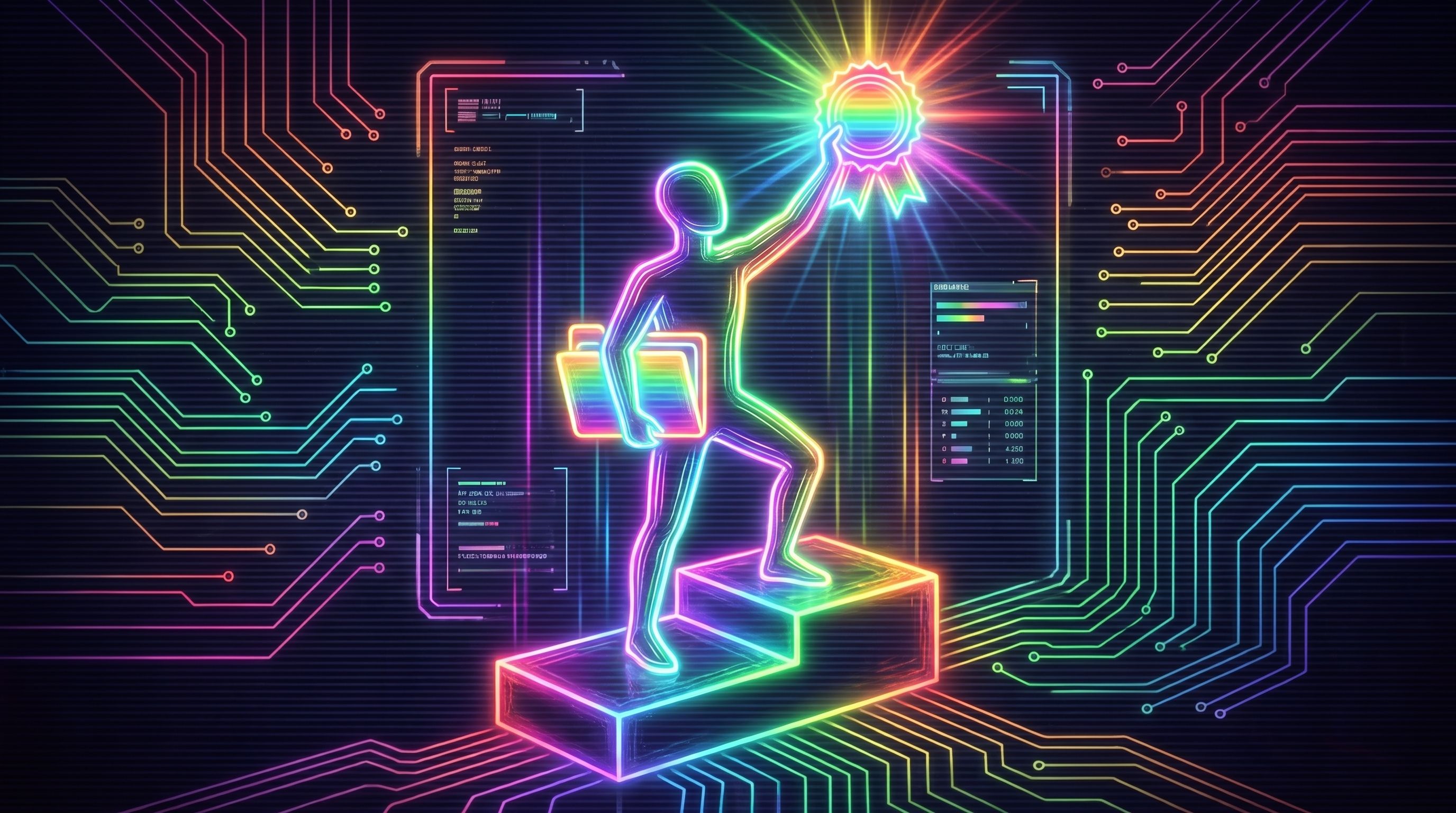 A rainbow-neon figure carrying a briefcase climbs onto a higher step to grasp a glowing award ribbon amid dark circuitry.