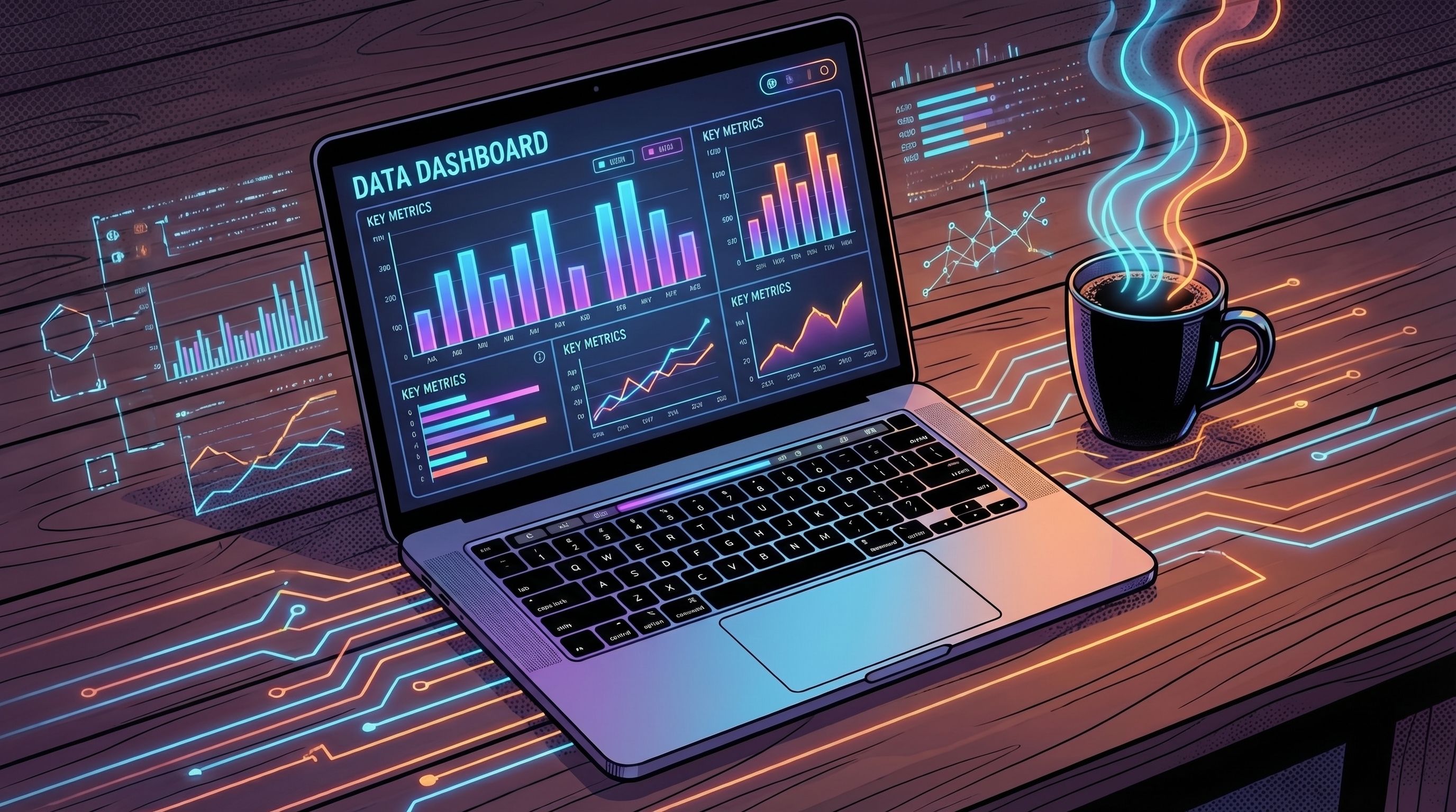 Laptop displaying data dashboard charts beside a steaming coffee mug on a wooden desk with glowing neon circuit lines.