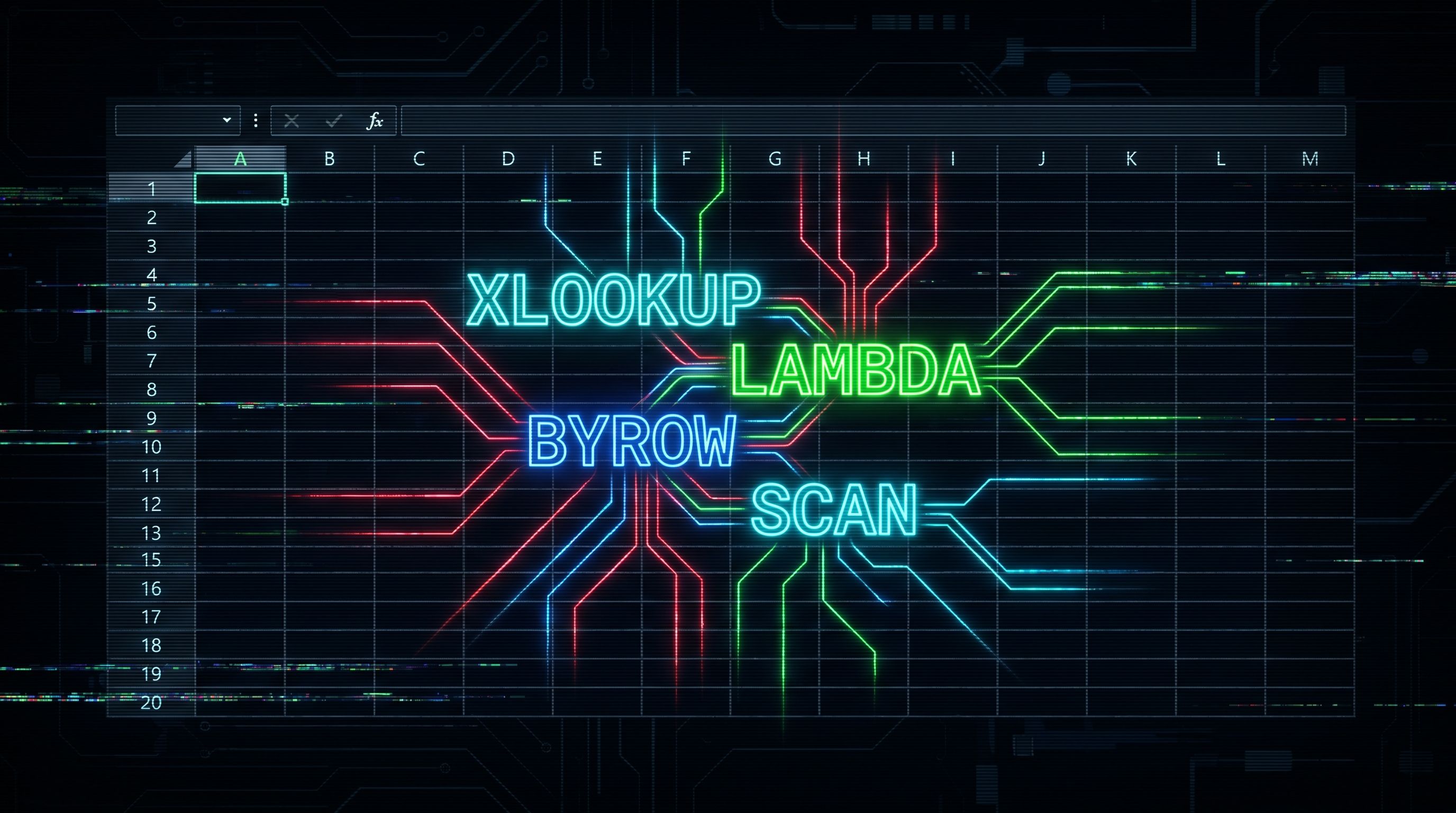 A digital spreadsheet grid features glowing neon text labels for Excel functions XLOOKUP, LAMBDA, BYROW, and SCAN connected by circuits.