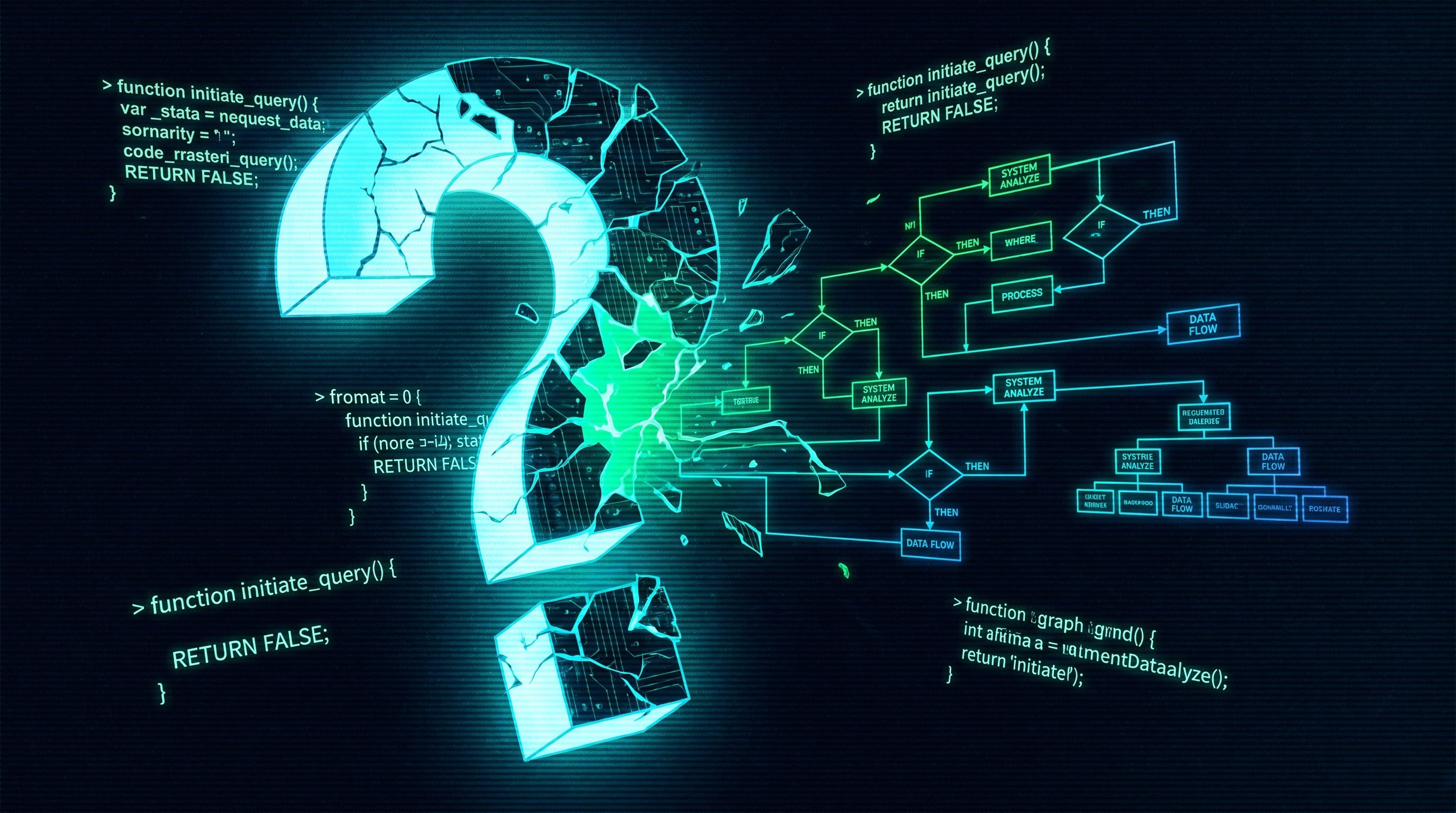 A shattered, glowing neon question mark surrounded by floating code snippets and digital flowchart diagrams.