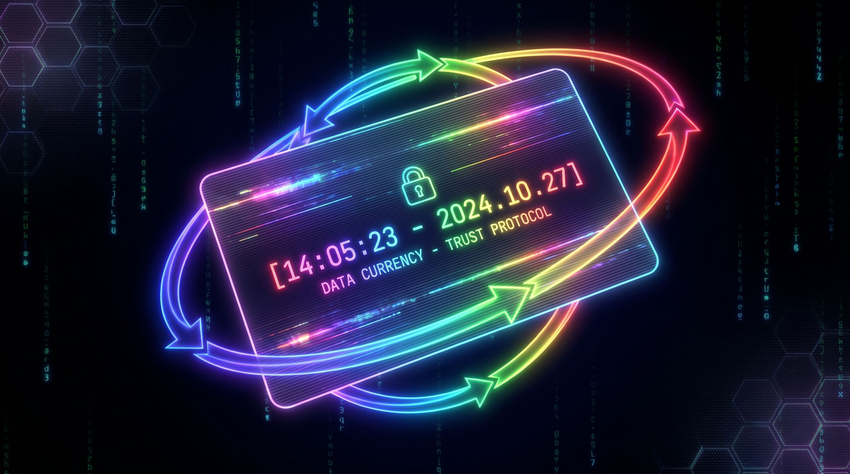 Neon rainbow card showing a glowing timestamp, ringed by cycling refresh arrows on a dark matrix-code background.