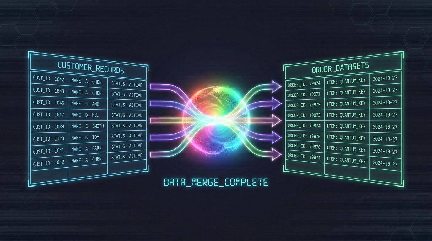 Data visualization showing two tables, CUSTOMER_RECORDS and ORDER_DATASETS, linked by glowing arrows flowing through a sphere.