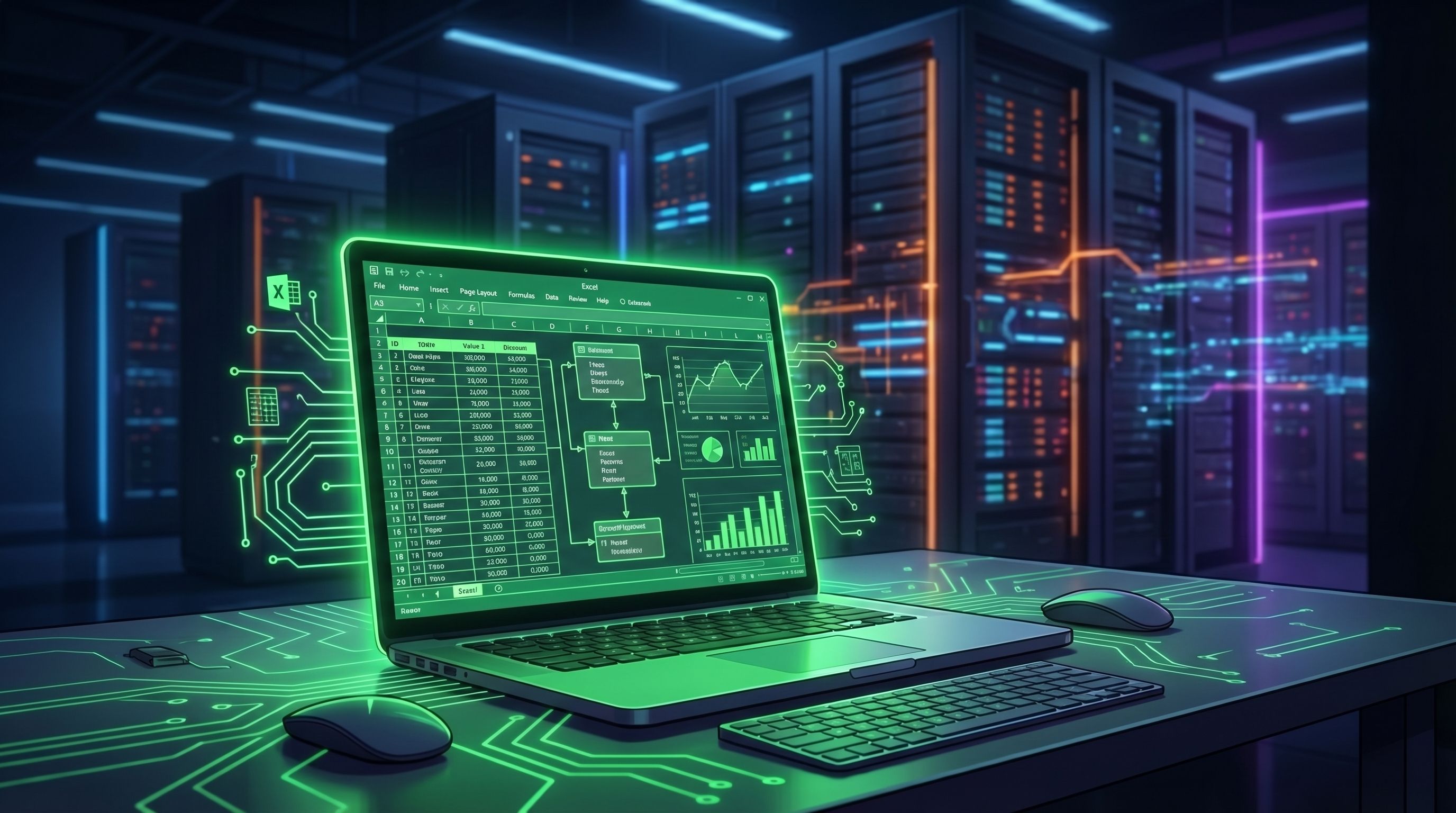 Glowing green laptop showing an Excel spreadsheet, charts, and data flowchart on a neon desk in a server room.