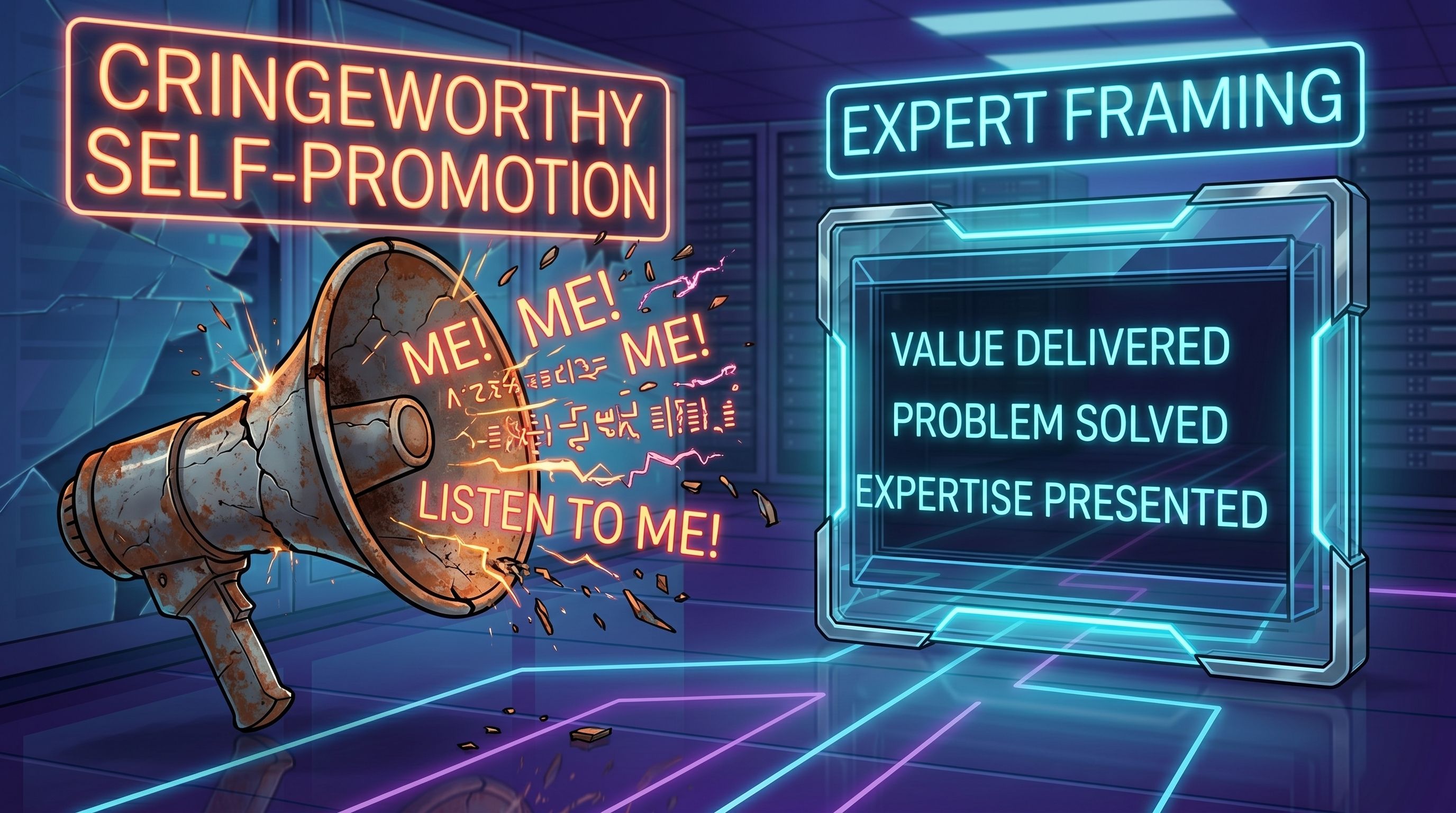 A comparison between a rusty megaphone shouting "ME!" and a sleek digital display showcasing value, solutions, and expertise.