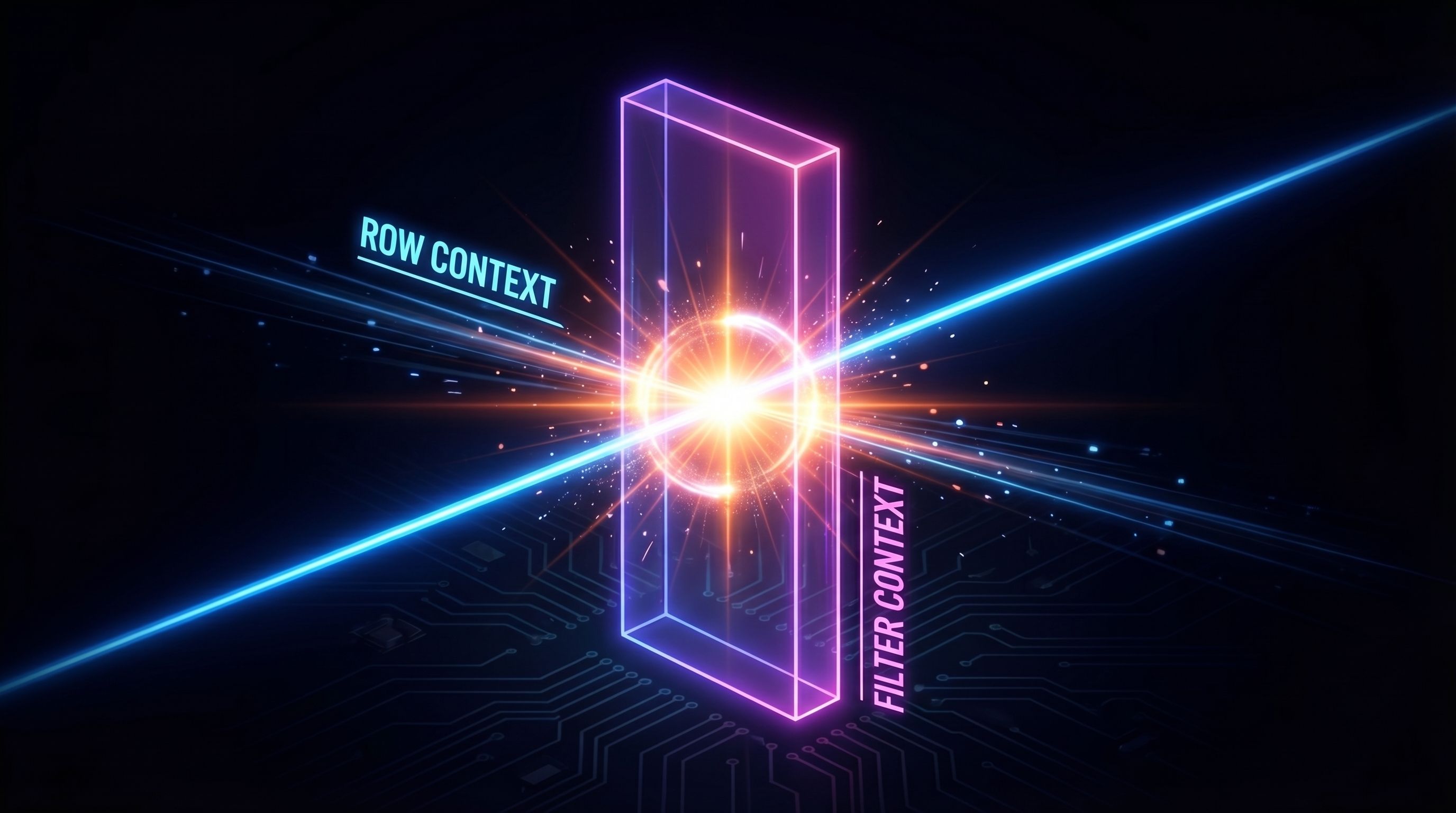 A vertical neon rectangle on a circuit board background with blue and orange light beams, labeled Row Context and Filter Context.