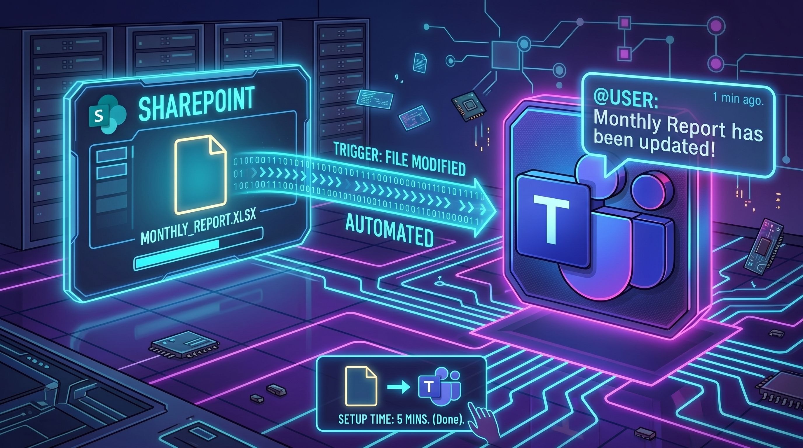 A digital illustration showing a SharePoint file update triggering an automated notification in Microsoft Teams.