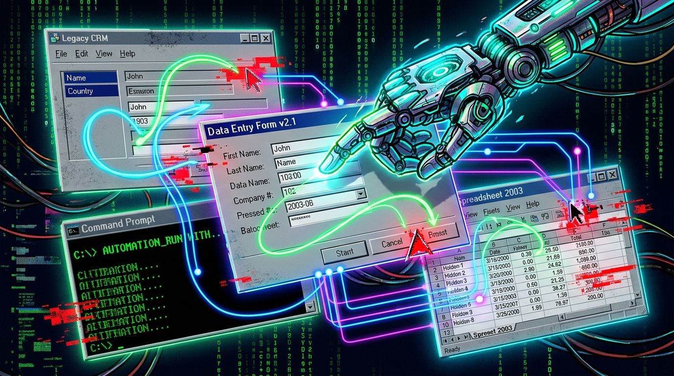 A robotic hand connects data between a Legacy CRM, a Data Entry form, a command prompt, and an Excel 2003 spreadsheet.