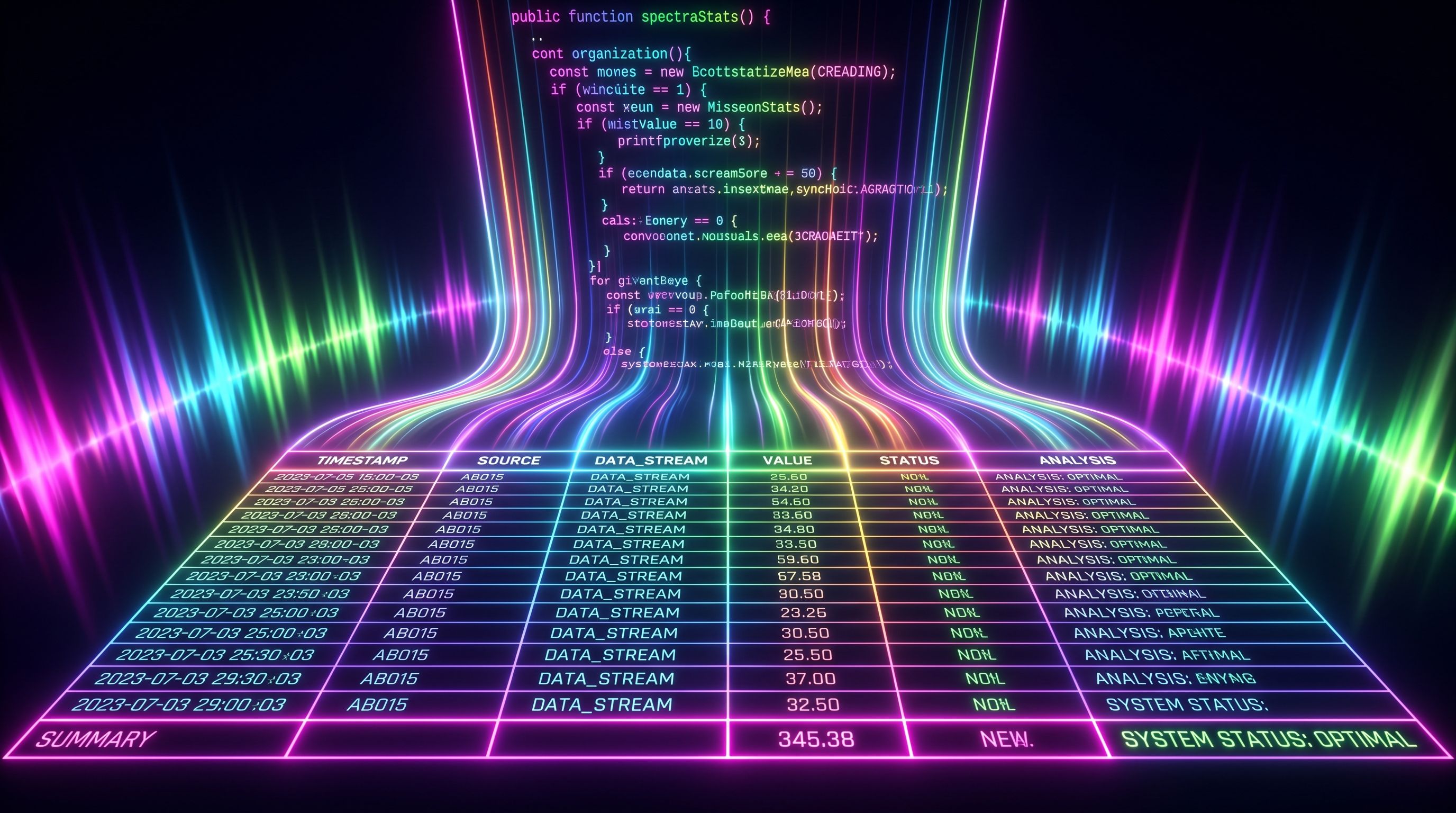 Neon code cascades into a glowing dark spreadsheet grid of data rows, ending in a highlighted summary row.
