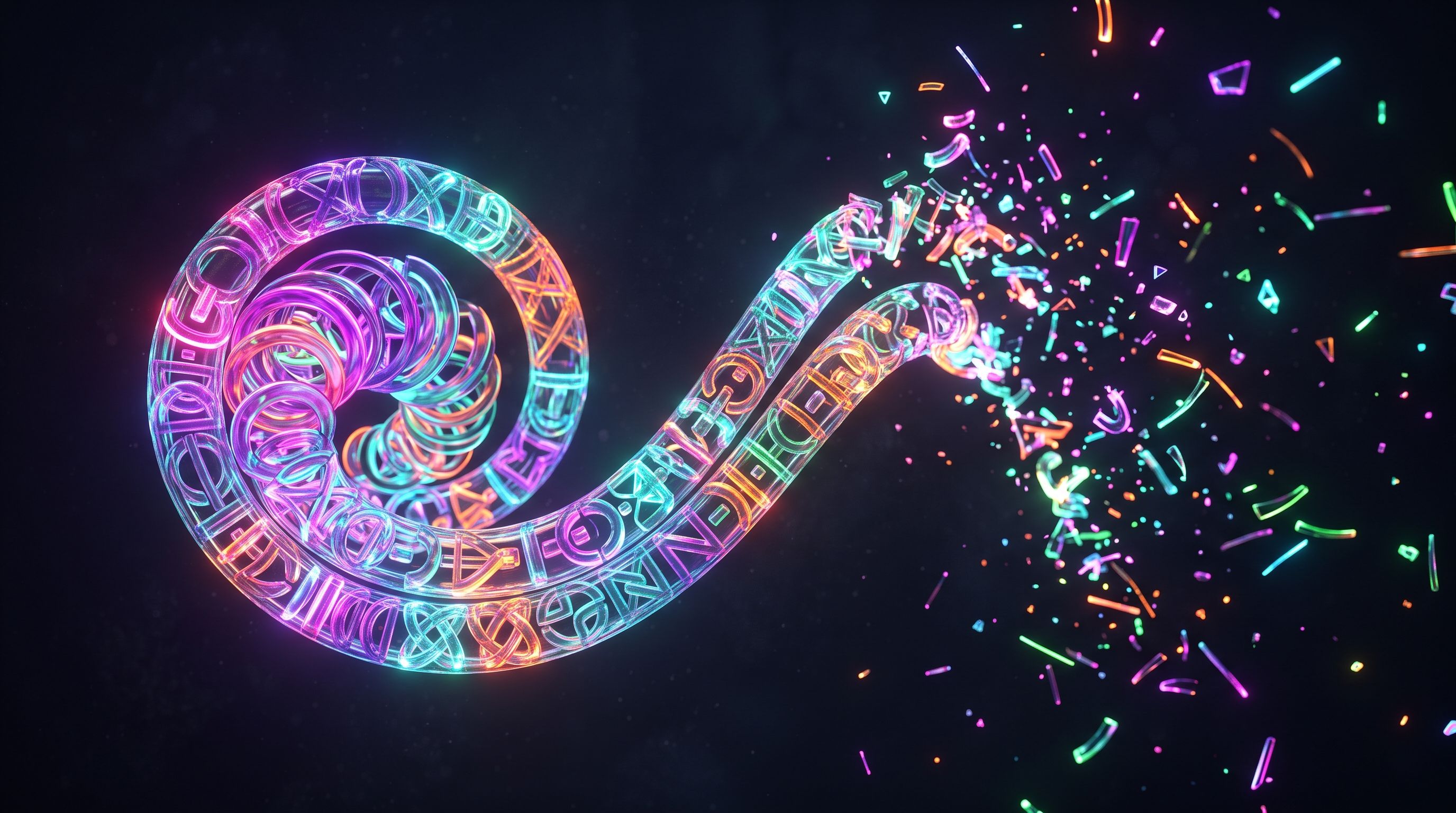 Glowing rainbow-neon spiral of glass-like symbols unravelling into scattered fragments on a black background.