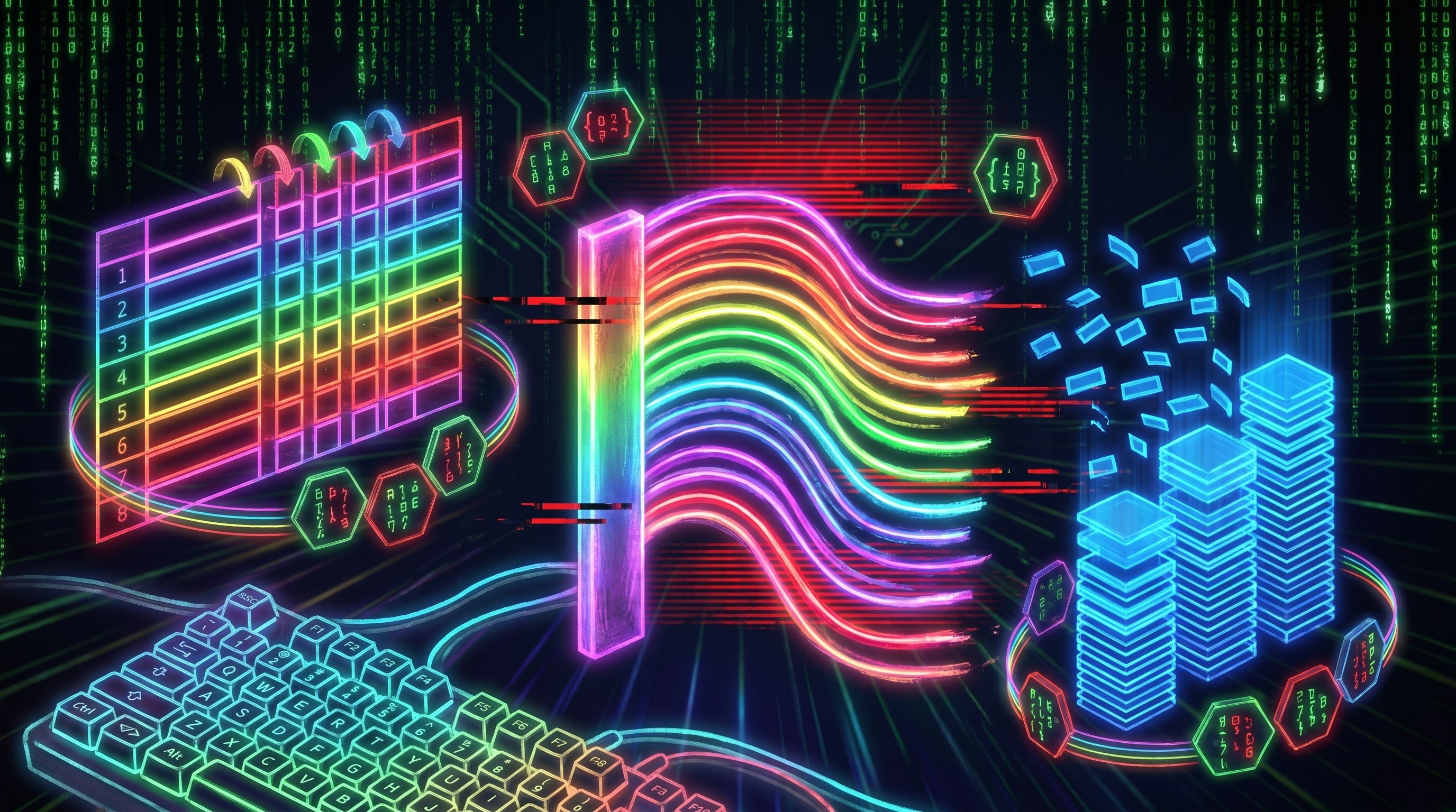 A neon rainbow-lit wide data table with columns folding into flowing streams beside a glowing blue bar chart and keyboard.