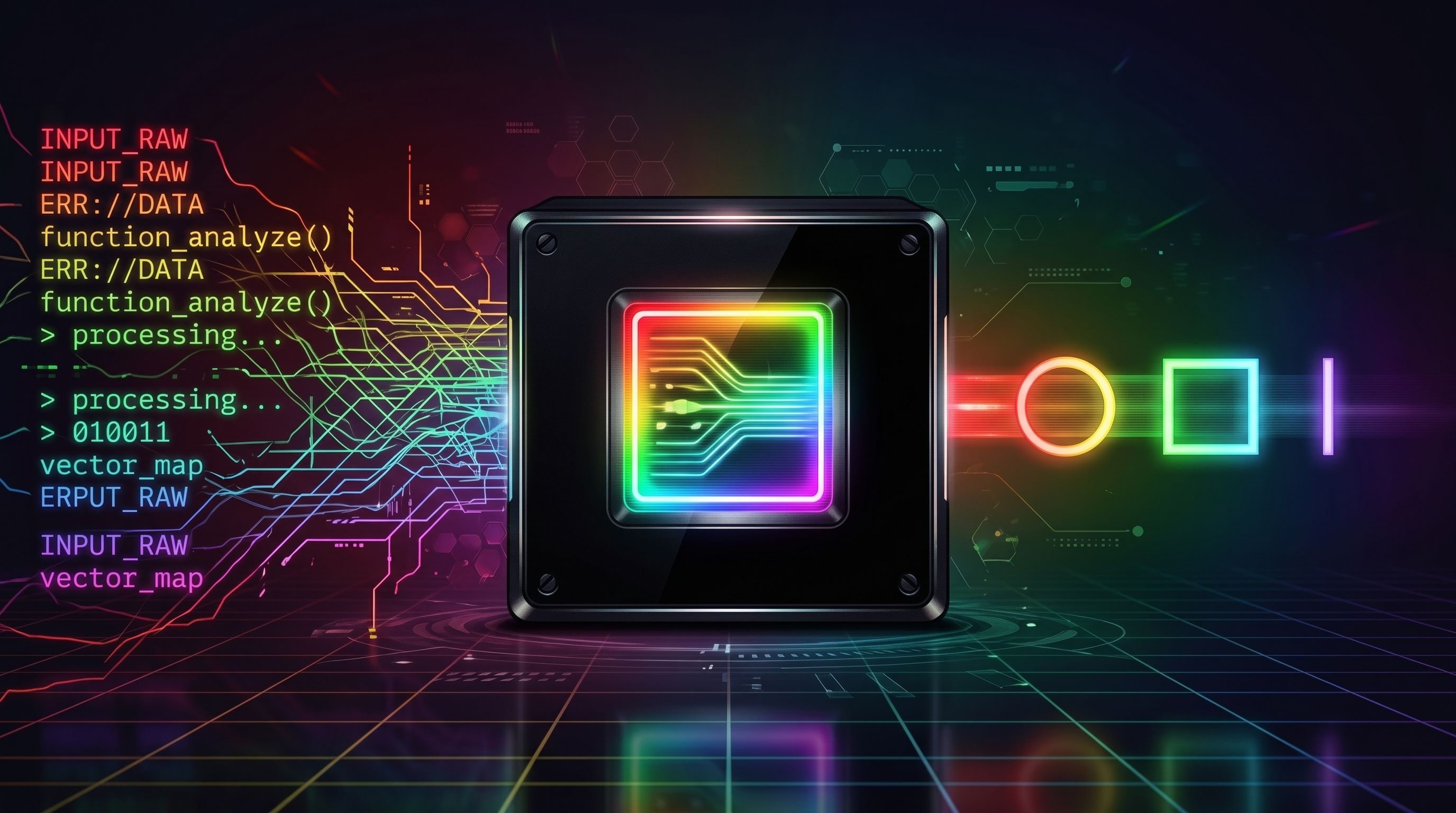 Tangled neon circuit lines and code feed into a glowing chip, emerging as three simple shapes: circle, square, line.