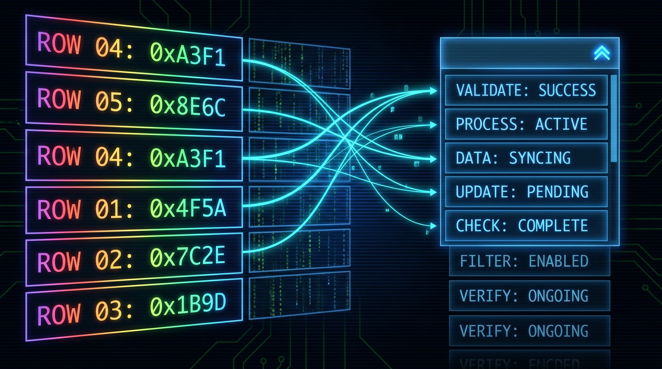 Digital interface showing hexadecimal data rows being processed and synced into a status dashboard.
