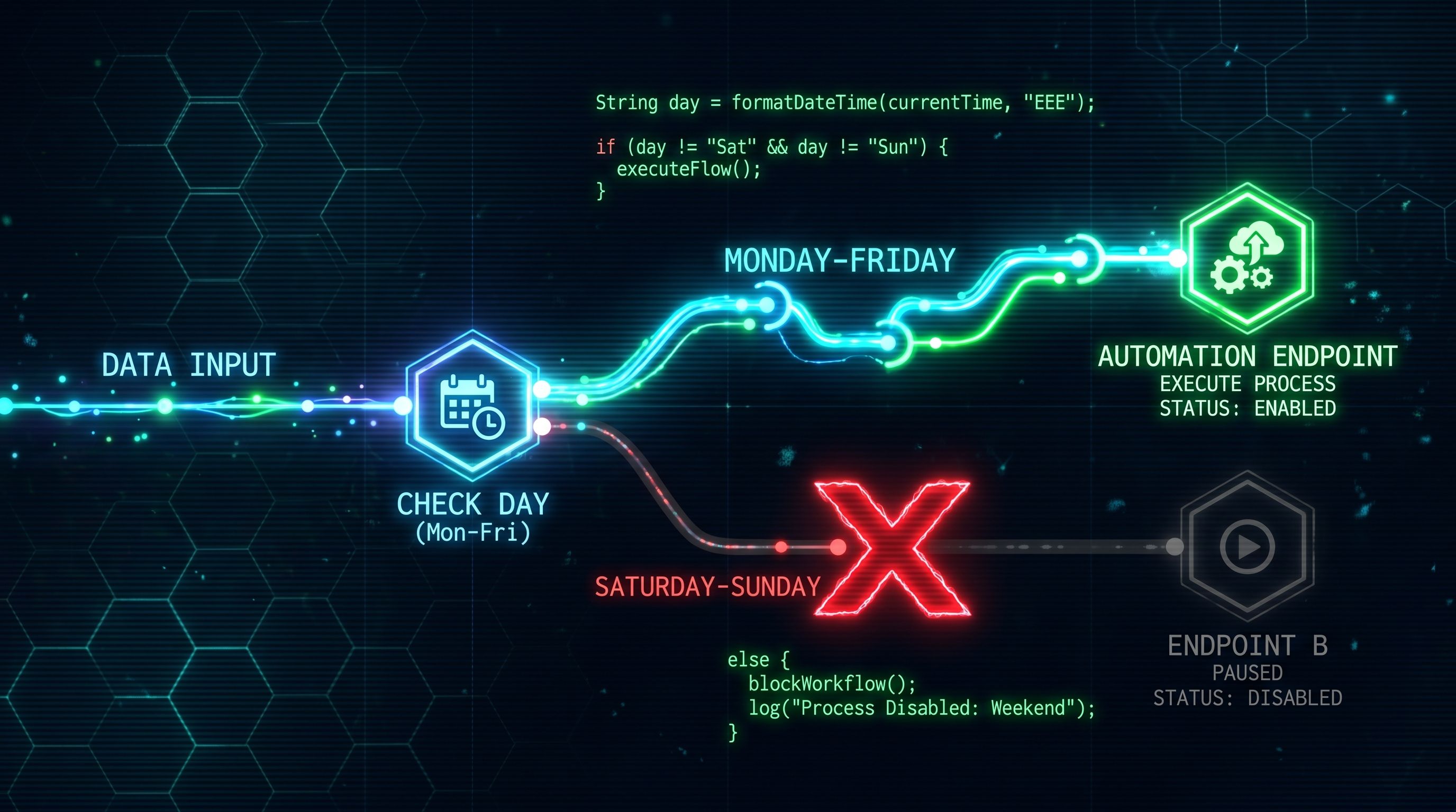 A glowing digital workflow diagram showing a conditional logic branch that processes data on weekdays and pauses on weekends.