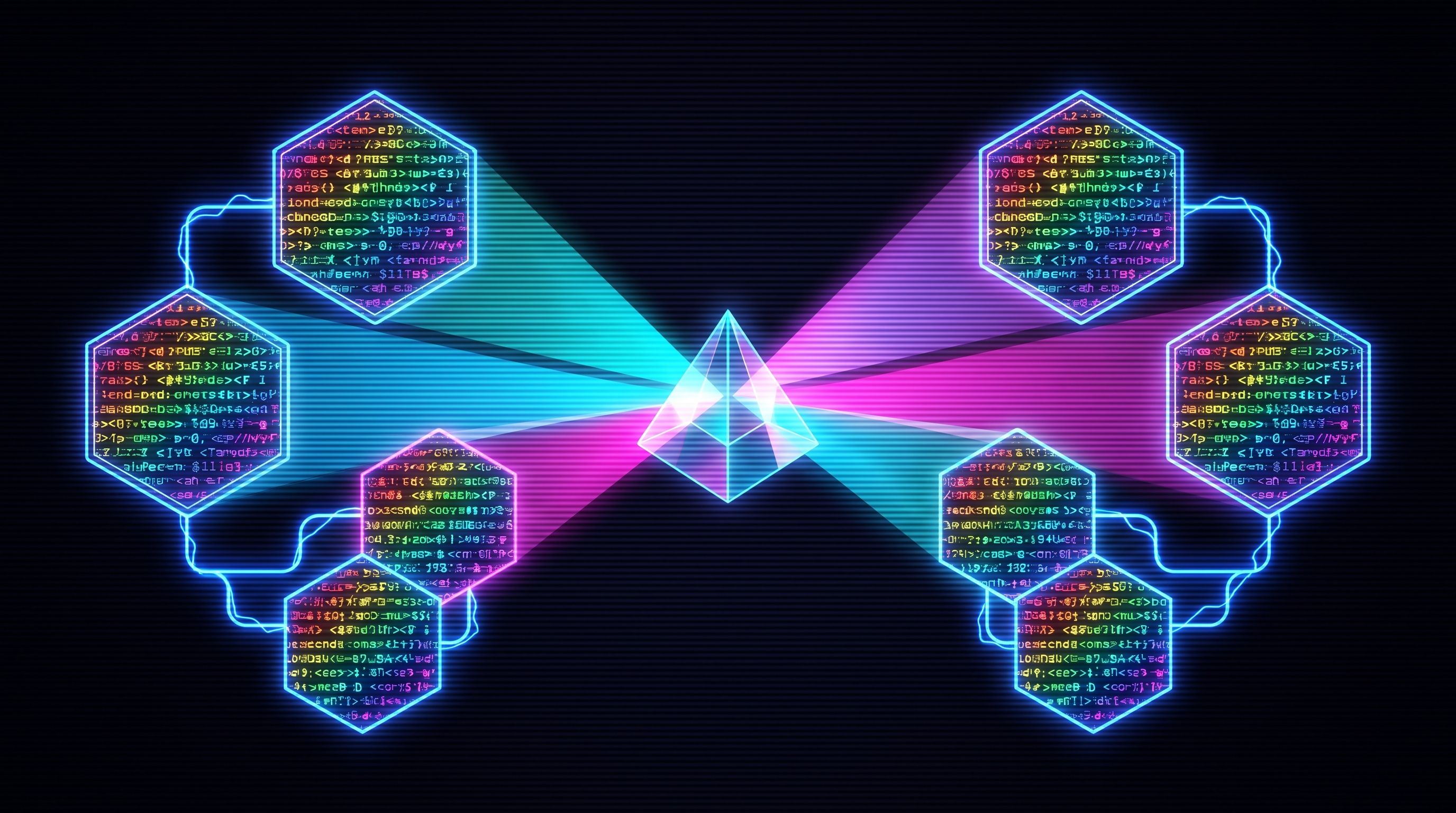 A central glowing prism refracts light toward six hexagonal nodes, each containing colorful, stylized lines of computer code.