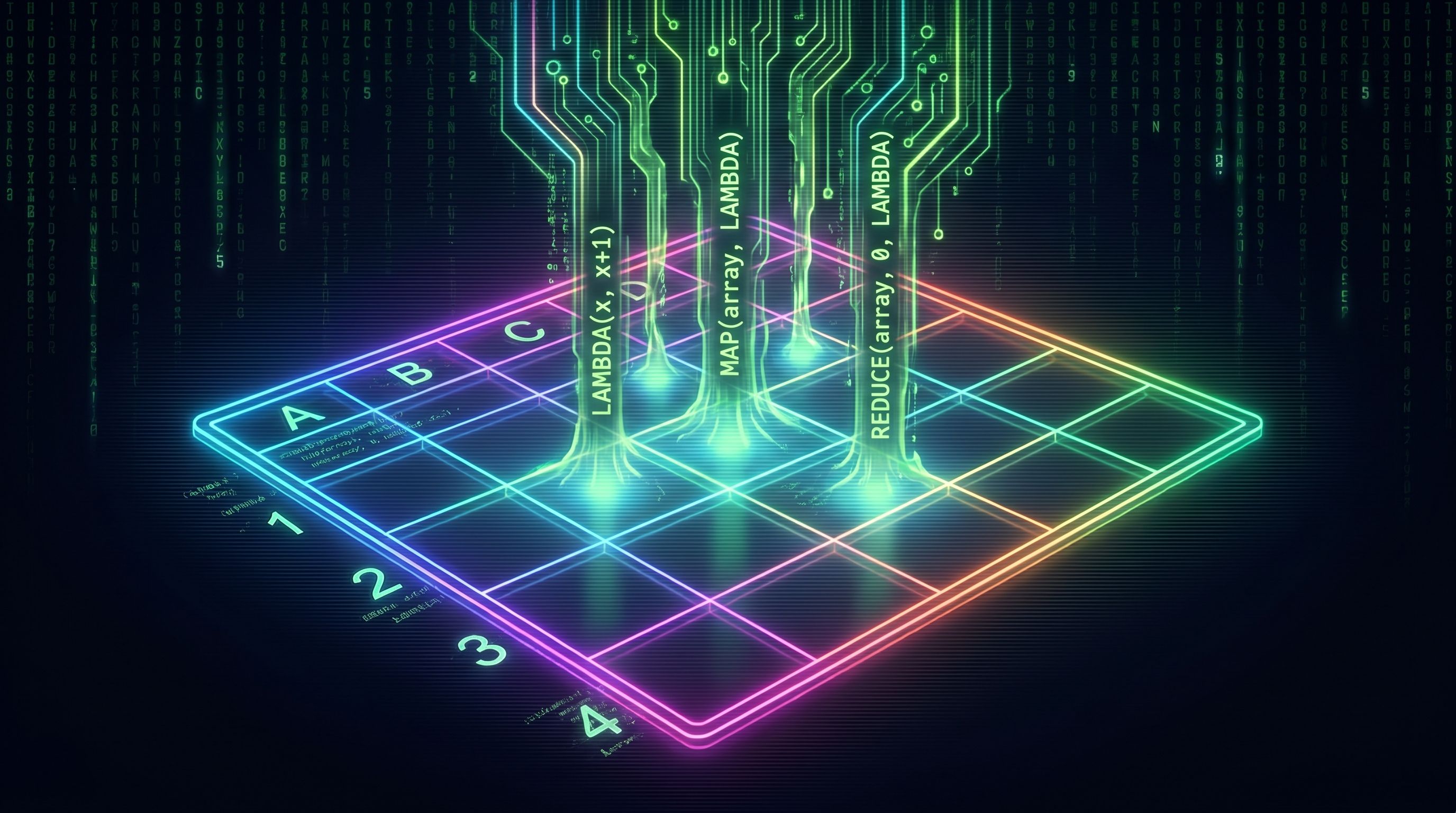 A 3D grid with labeled axes and glowing circuit lines overhead displaying code snippets: LAMBDA, MAP, and REDUCE.