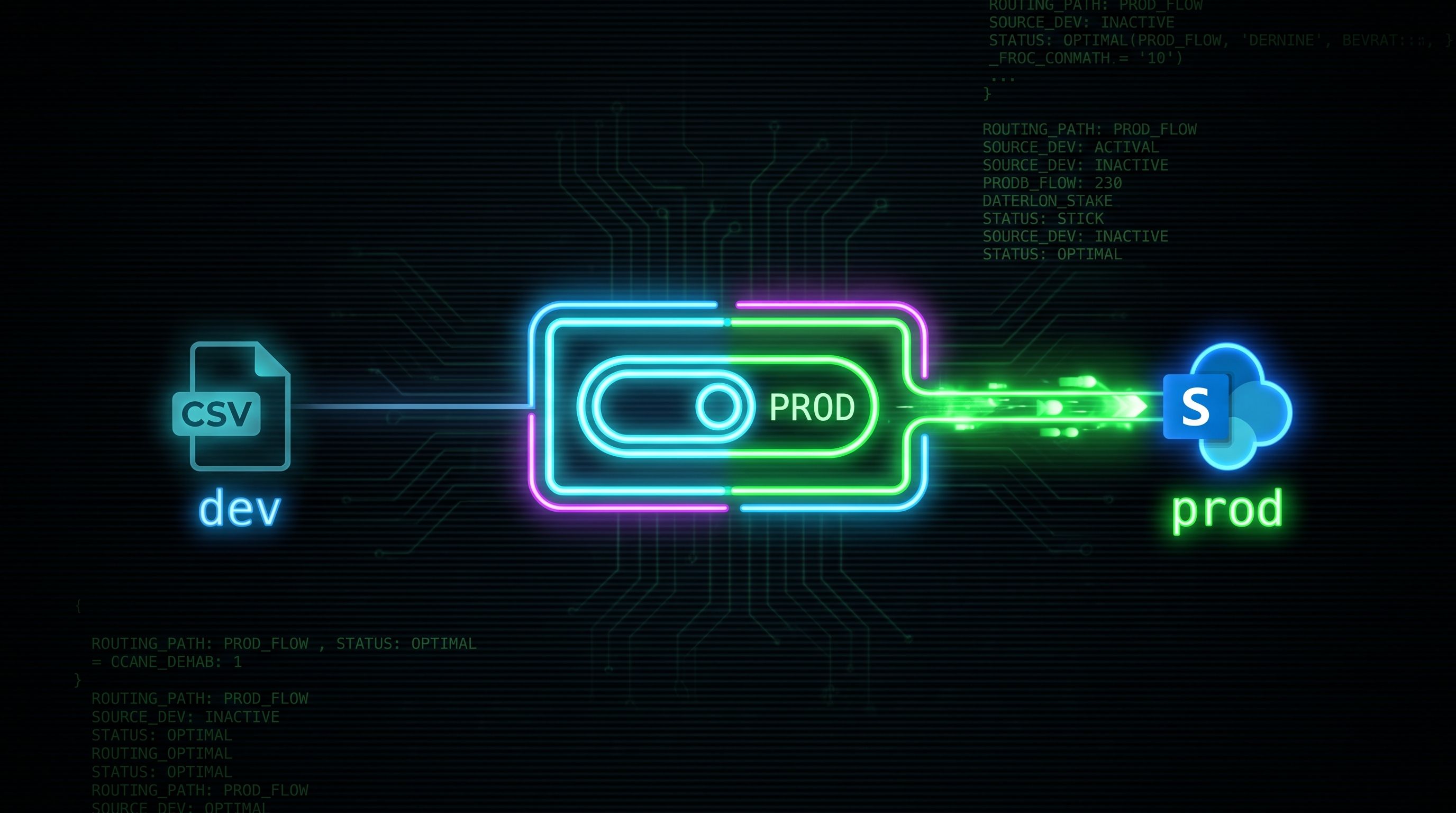 Neon toggle switch set to PROD routing a glowing line from a CSV 'dev' file to a SharePoint 'prod' cloud