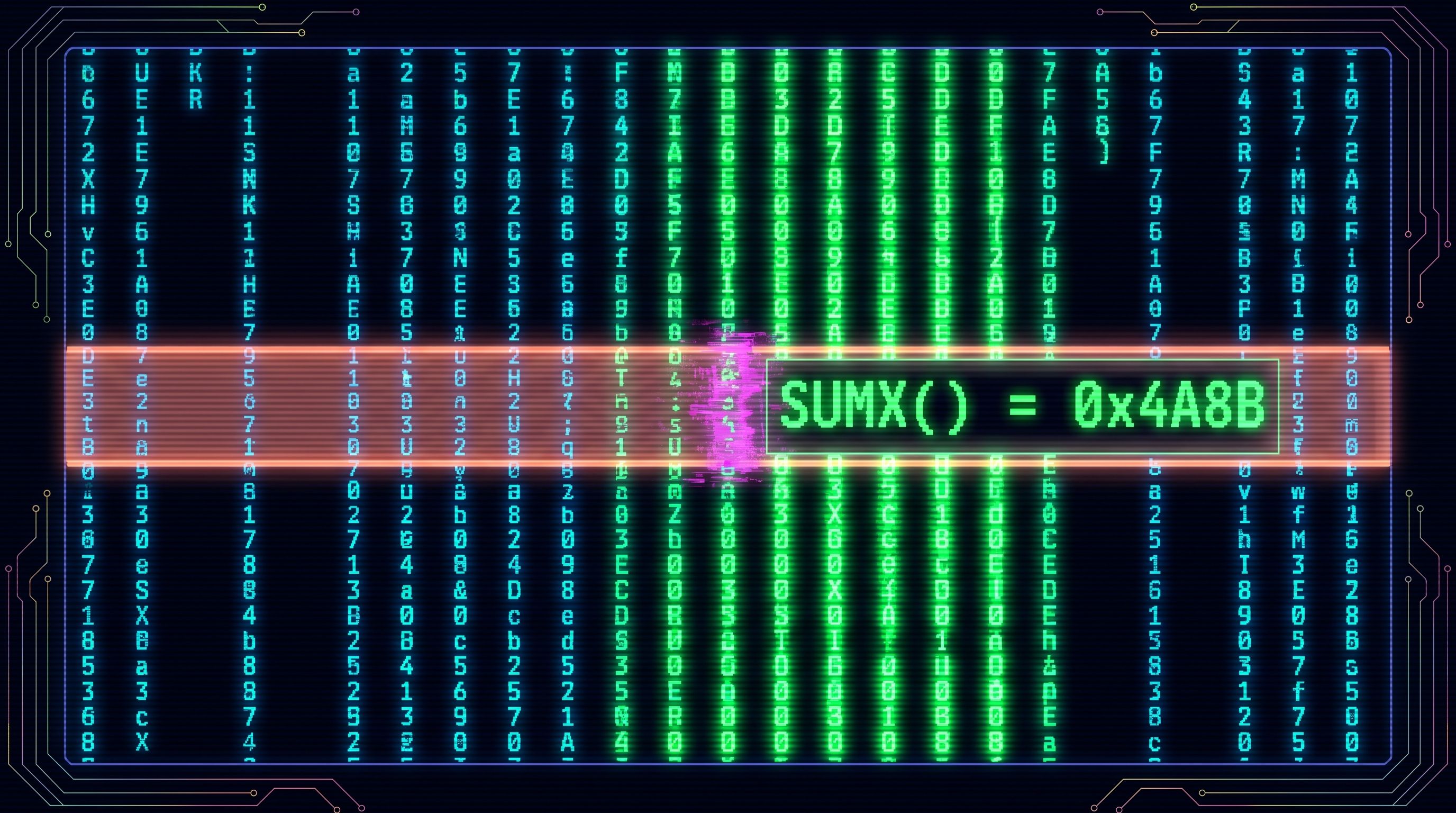 Cyan matrix with rows flowing through a neon filter barrier, one row magnified with SUMX code, magenta glitch at intersection.