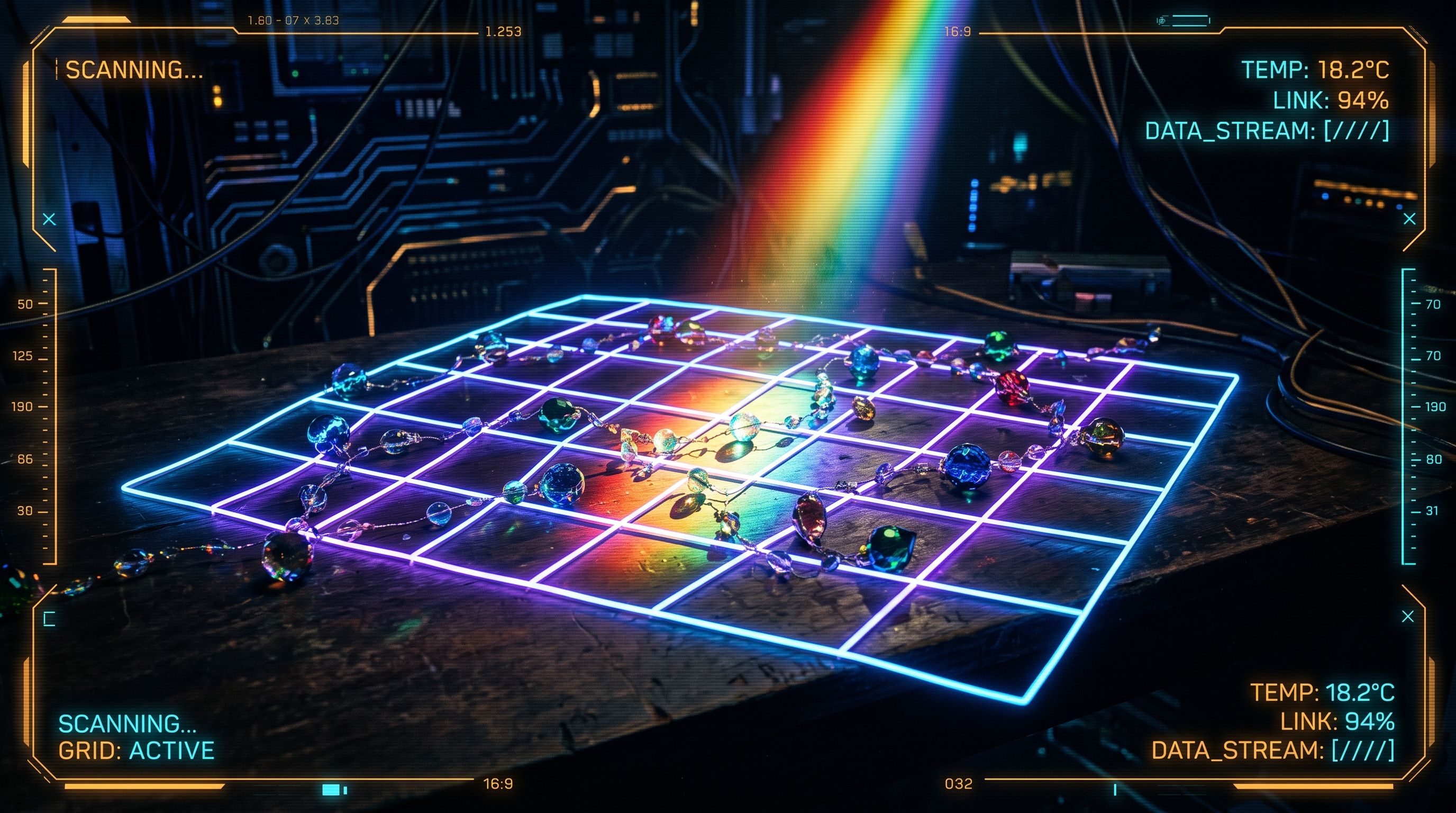 A flat glowing data grid draped in ornamental crystal bead strands, scanned by a HUD overlay in a dark workshop.