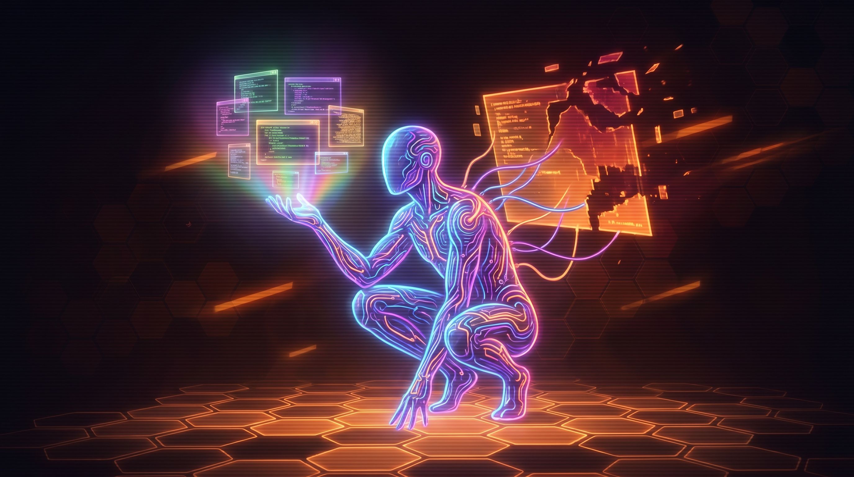 A glowing neon-circuit figure crouches holding up code screens while its own orange panel glitches apart.