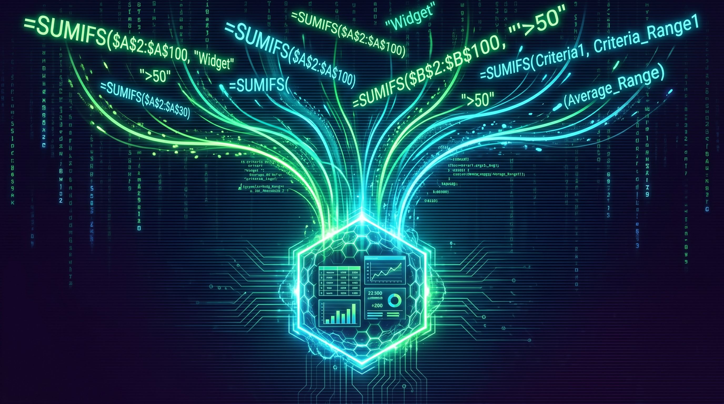 Digital visualization of Excel SUMIFS formulas flowing into a glowing, data-filled hexagonal core.