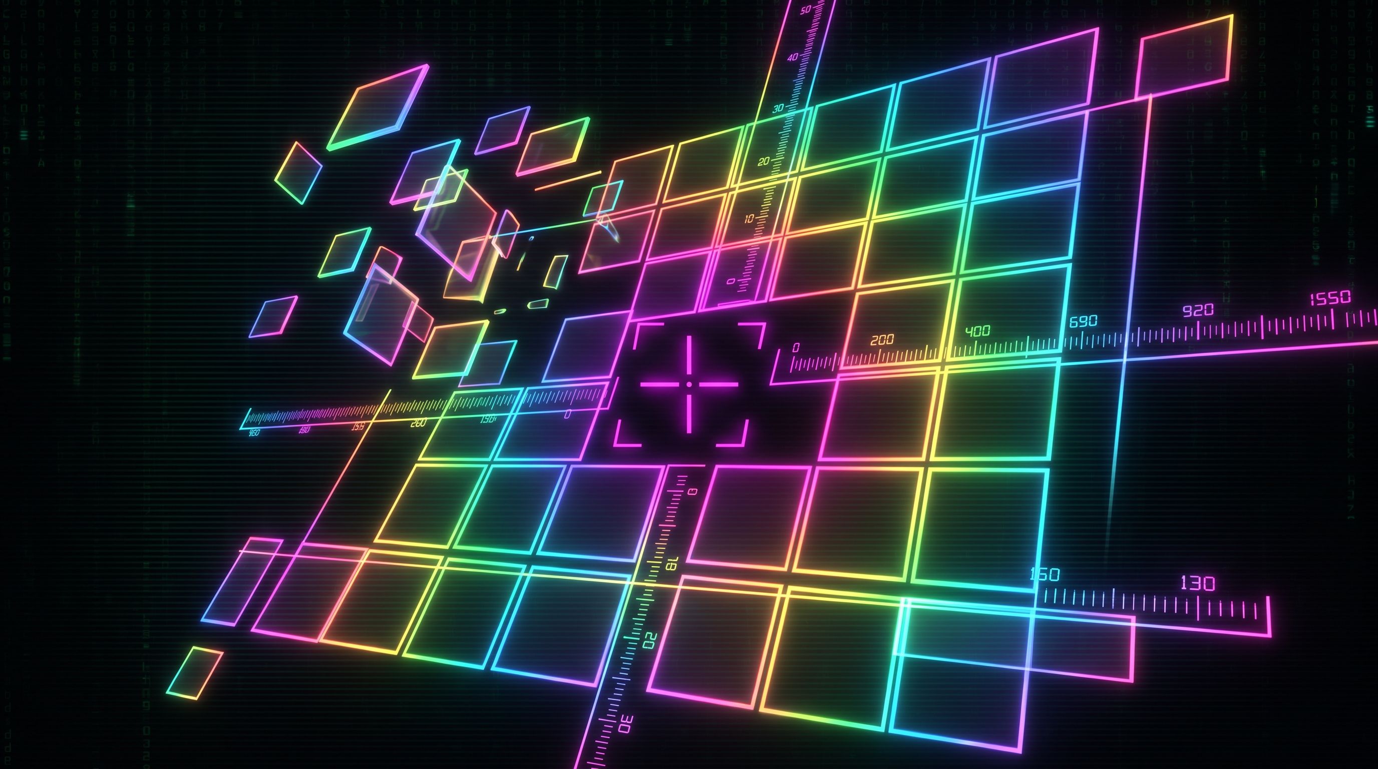 Neon rectangles snapping into an ordered grid, guided by glowing rulers and a magenta crosshair on a dark matrix background.