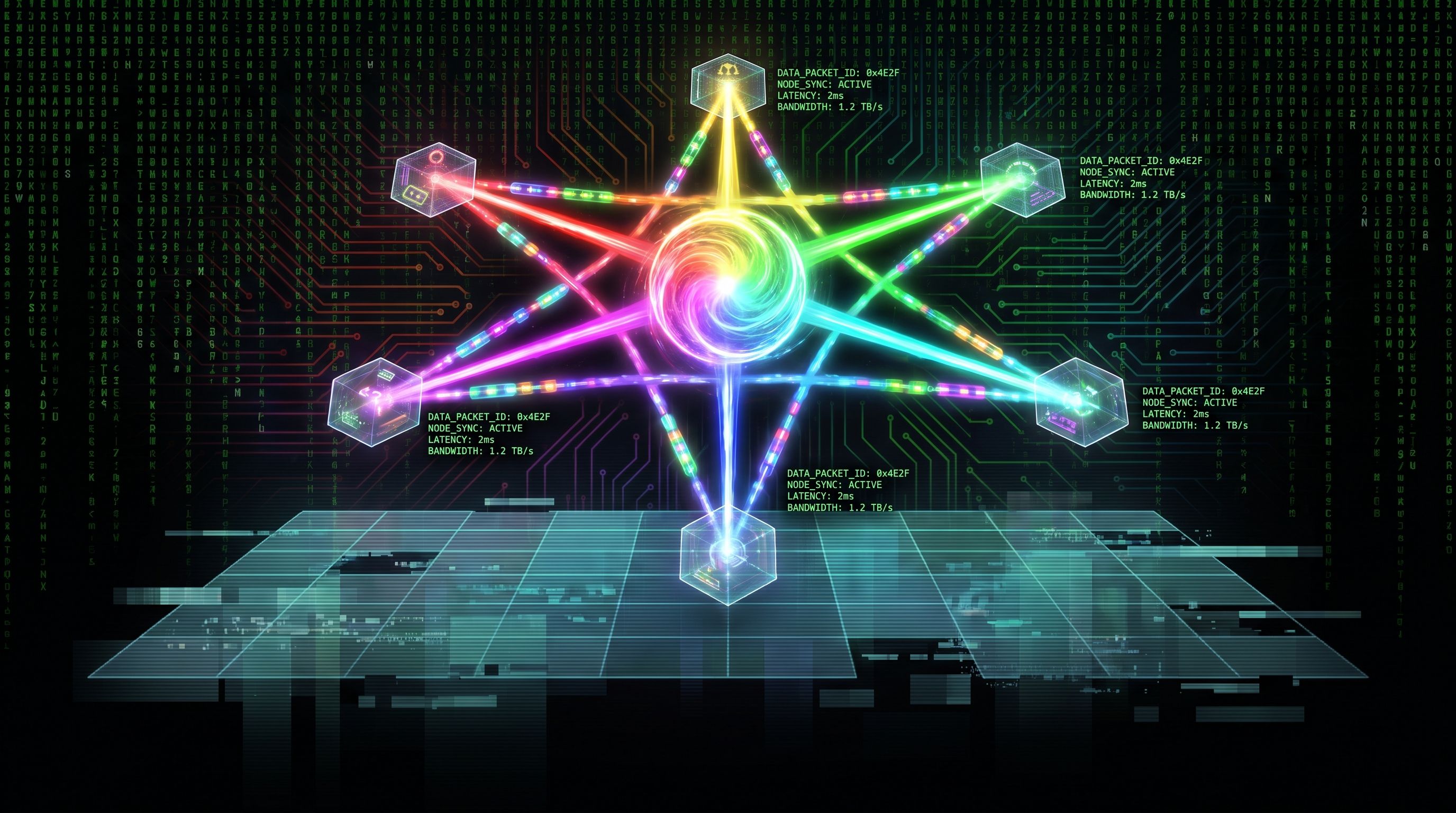 A glowing, interconnected digital network with six data nodes radiating light toward a central orb against a matrix backdrop.
