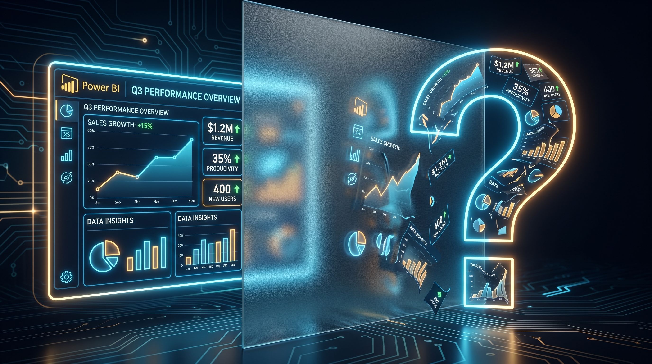 A digital display of a Power BI Q3 performance dashboard transforming into a glowing neon question mark shape.