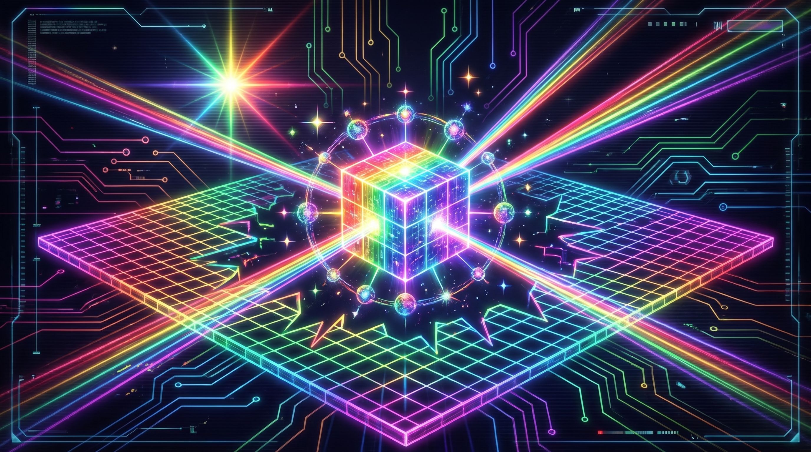 A flat rainbow-neon grid folds inward toward a glowing cube ringed by orbiting connected nodes.