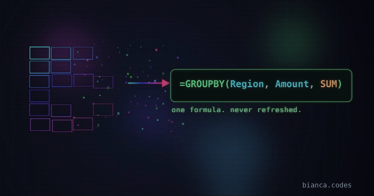 A rainbow-neon pivot-table grid dissolving into a glowing GROUPBY(Region, Amount, SUM) formula on a dark background.