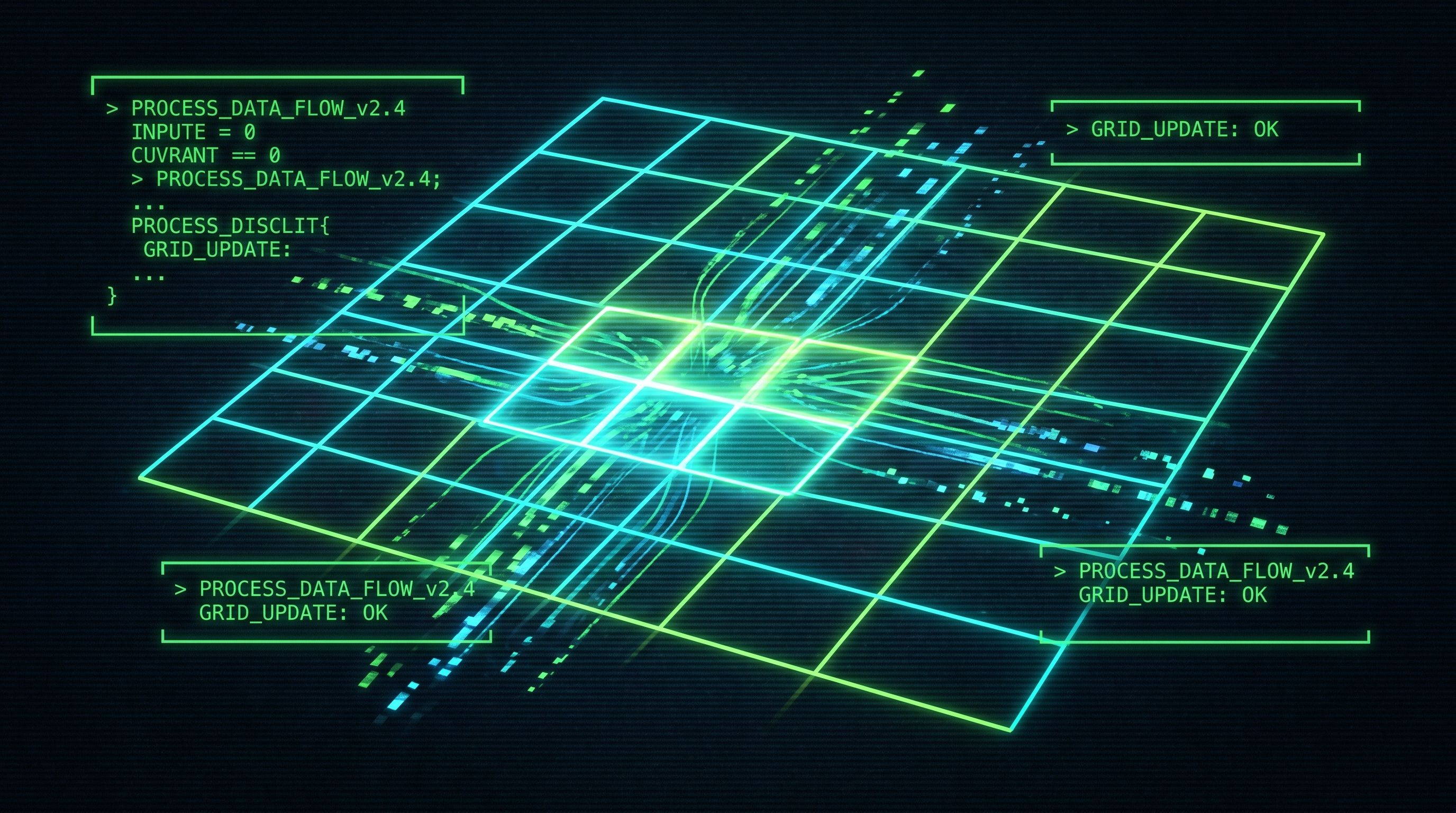 A neon-glowing, digital grid overlaying abstract data streams, accompanied by stylized diagnostic code and update status messages.