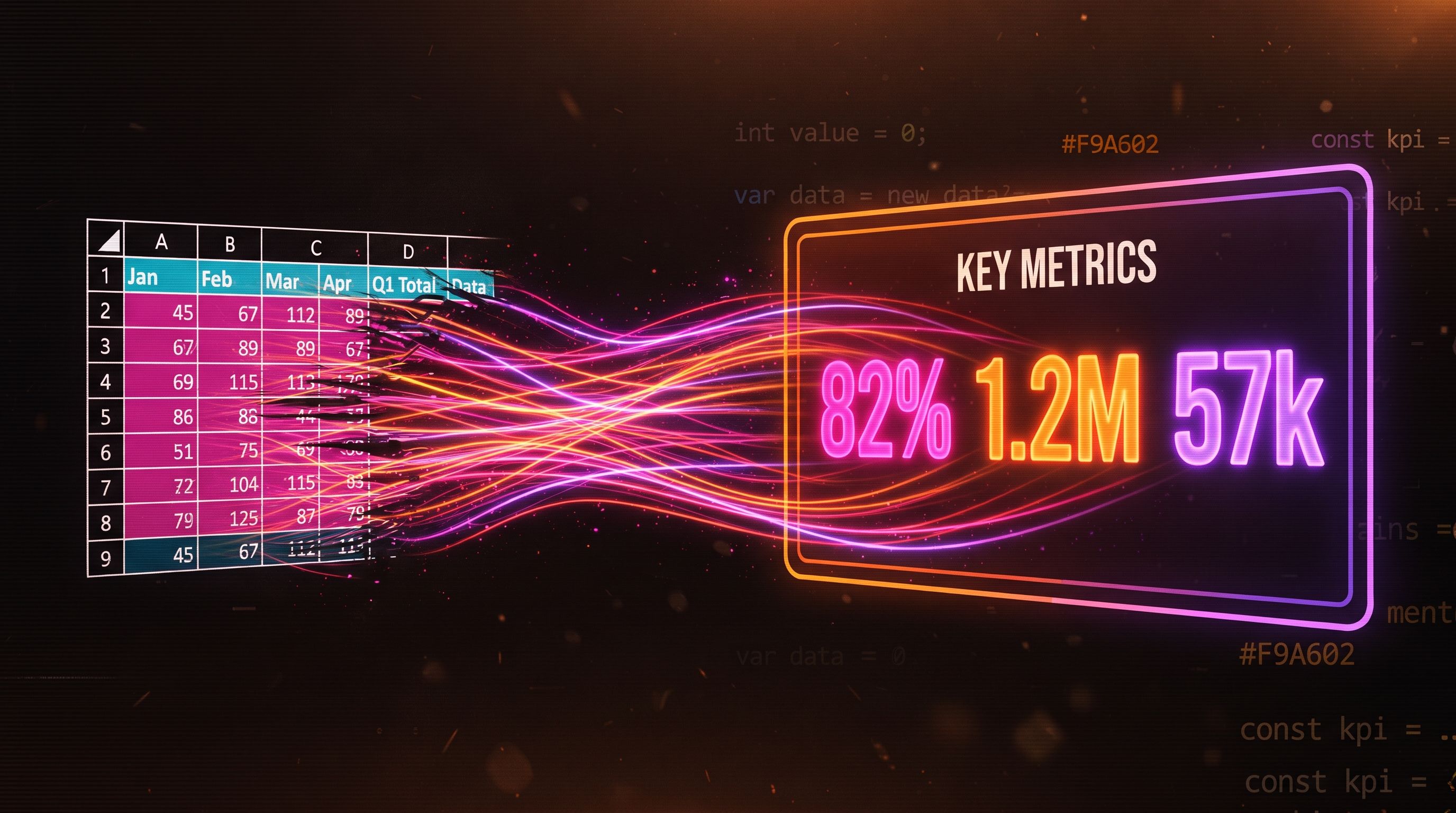 Neon data streams carry a spreadsheet table into a glowing Key Metrics panel showing 82%, 1.2M, and 57k