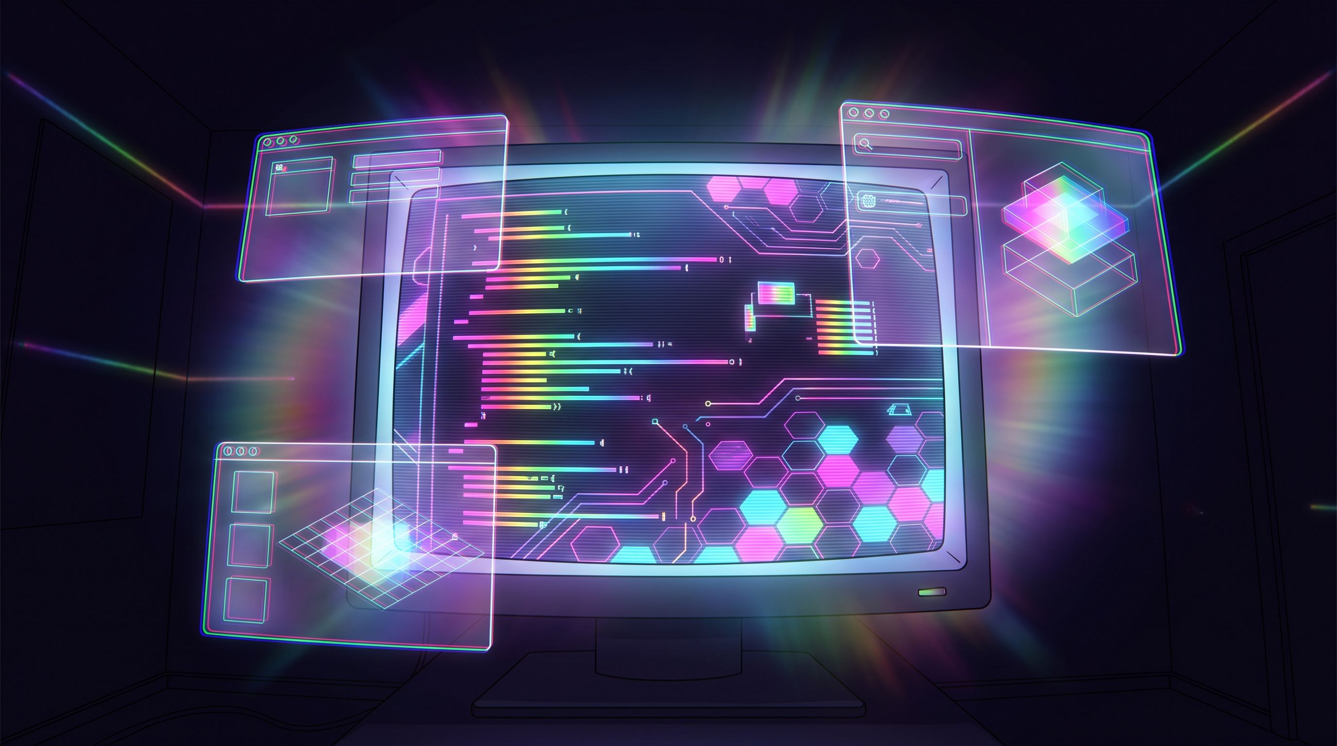 Retro CRT monitor displaying neon rainbow code and hexagonal circuit patterns, with translucent UI panels floating in darkness.