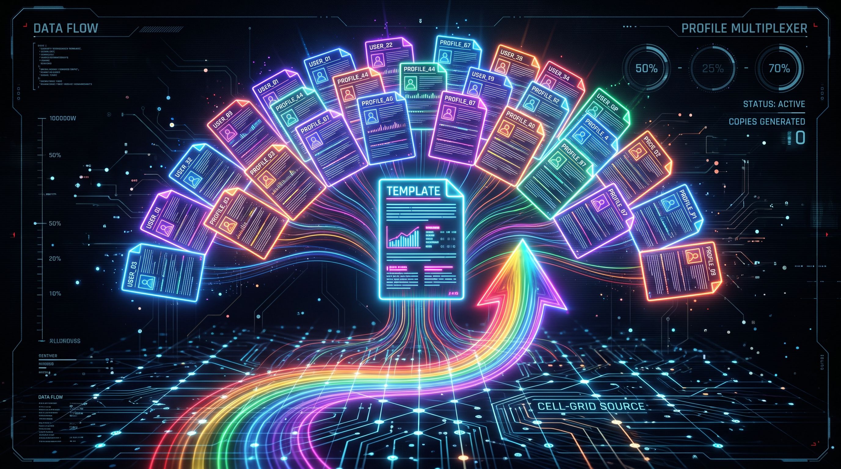 A glowing template fans into rows of labelled personalised document copies above a rainbow data stream and circuit grid.