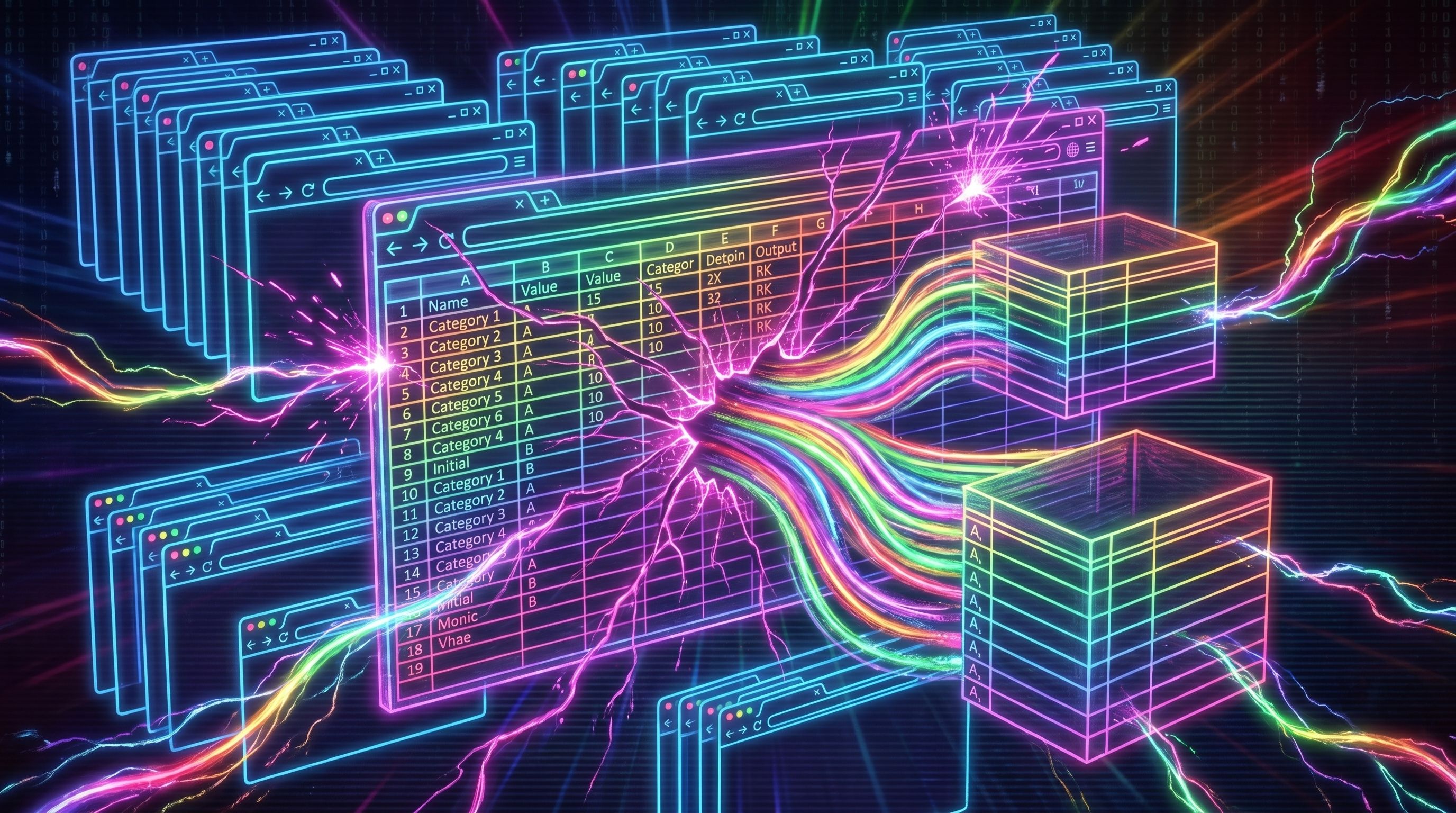 A neon spreadsheet grid cracks into glowing data lines feeding two wireframe database cubes.