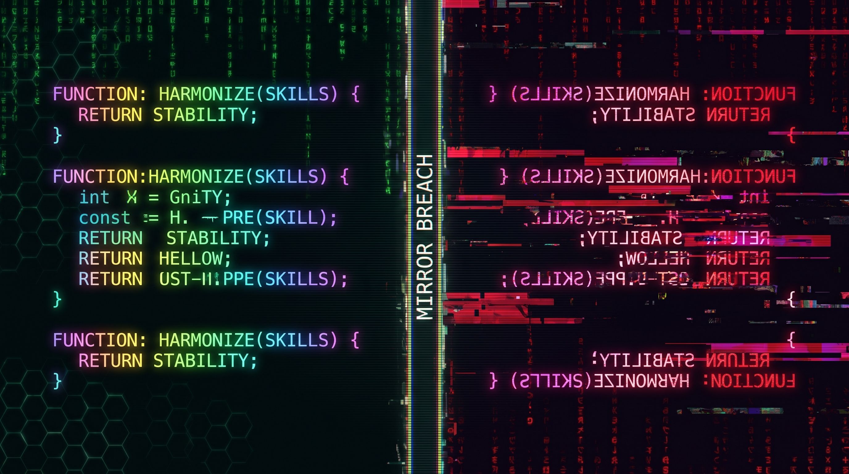 Glitch-style digital graphic showing pseudocode for a "Harmonize" function split by a "MIRROR BREACH" text separator.