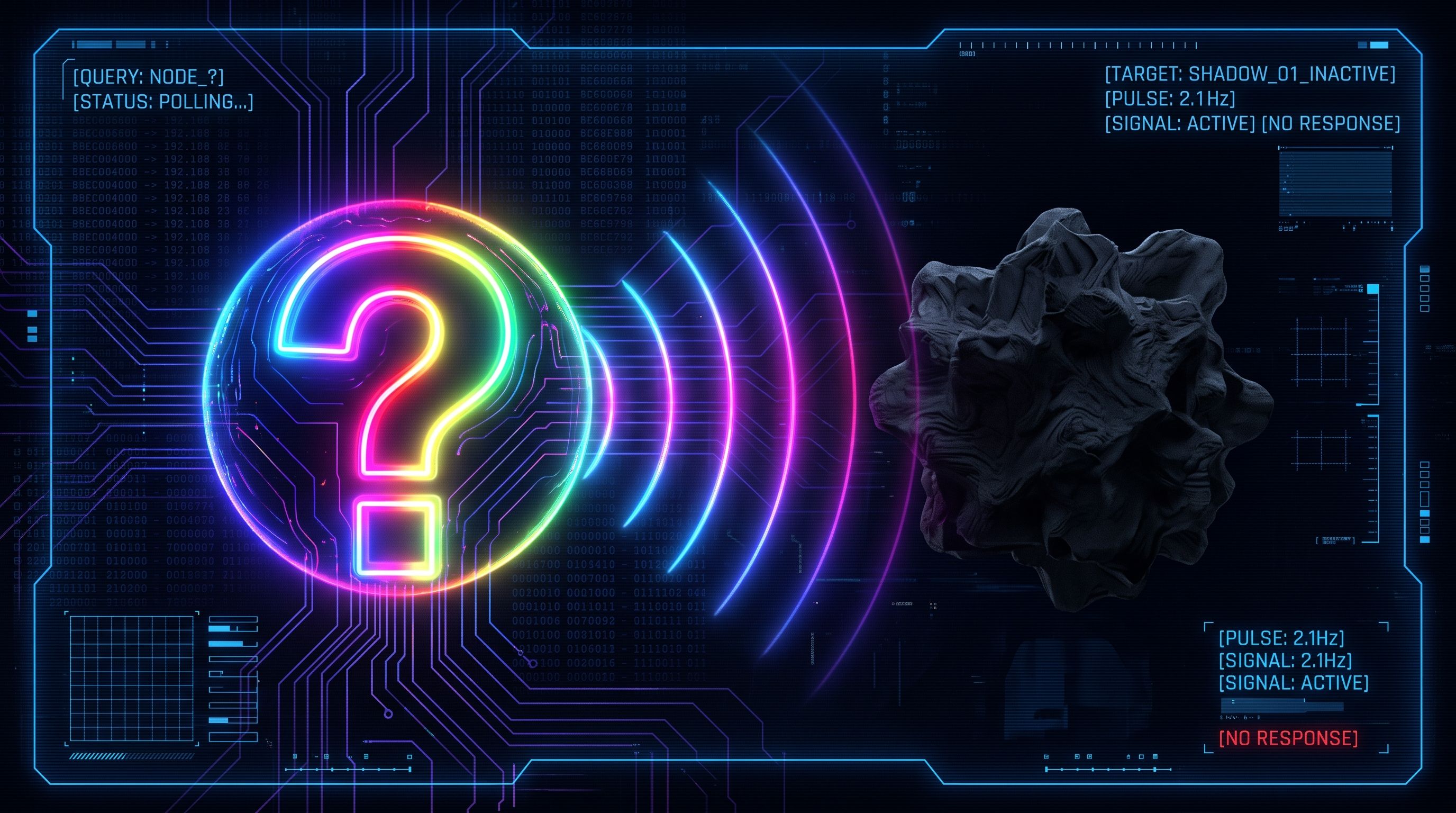 A glowing rainbow neon question mark pulses radar waves toward a still dark shape on a polling HUD display.