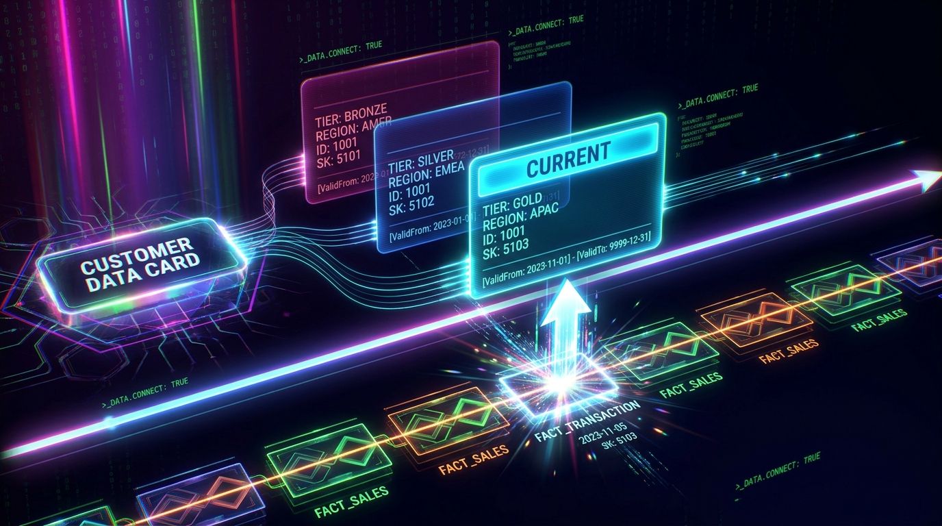 Neon customer record in three time-stamped versions on a timeline, with a sale transaction binding to the current one.