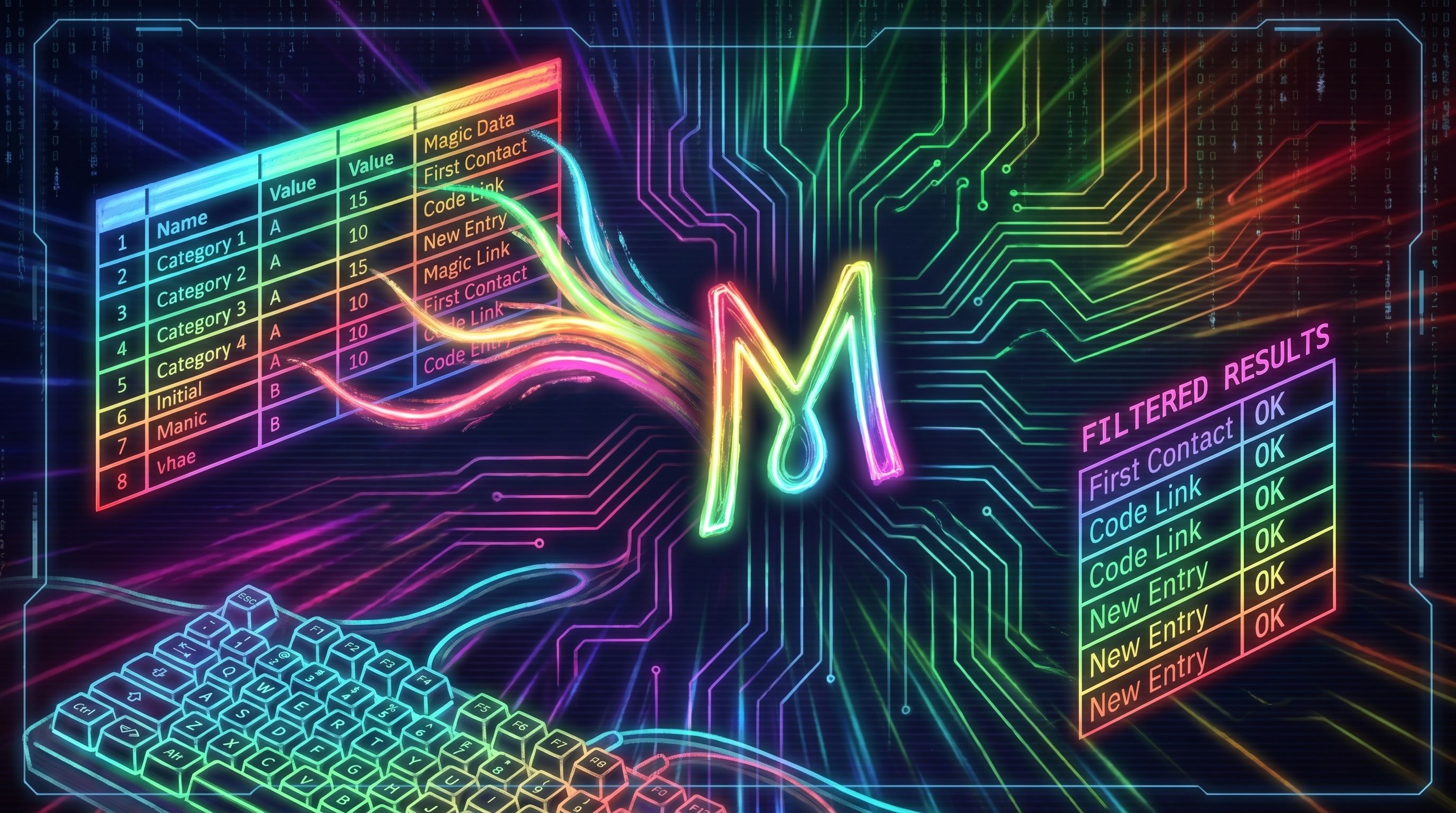 A neon data table streams through a glowing letter M over circuit traces, emerging as a filtered results table.