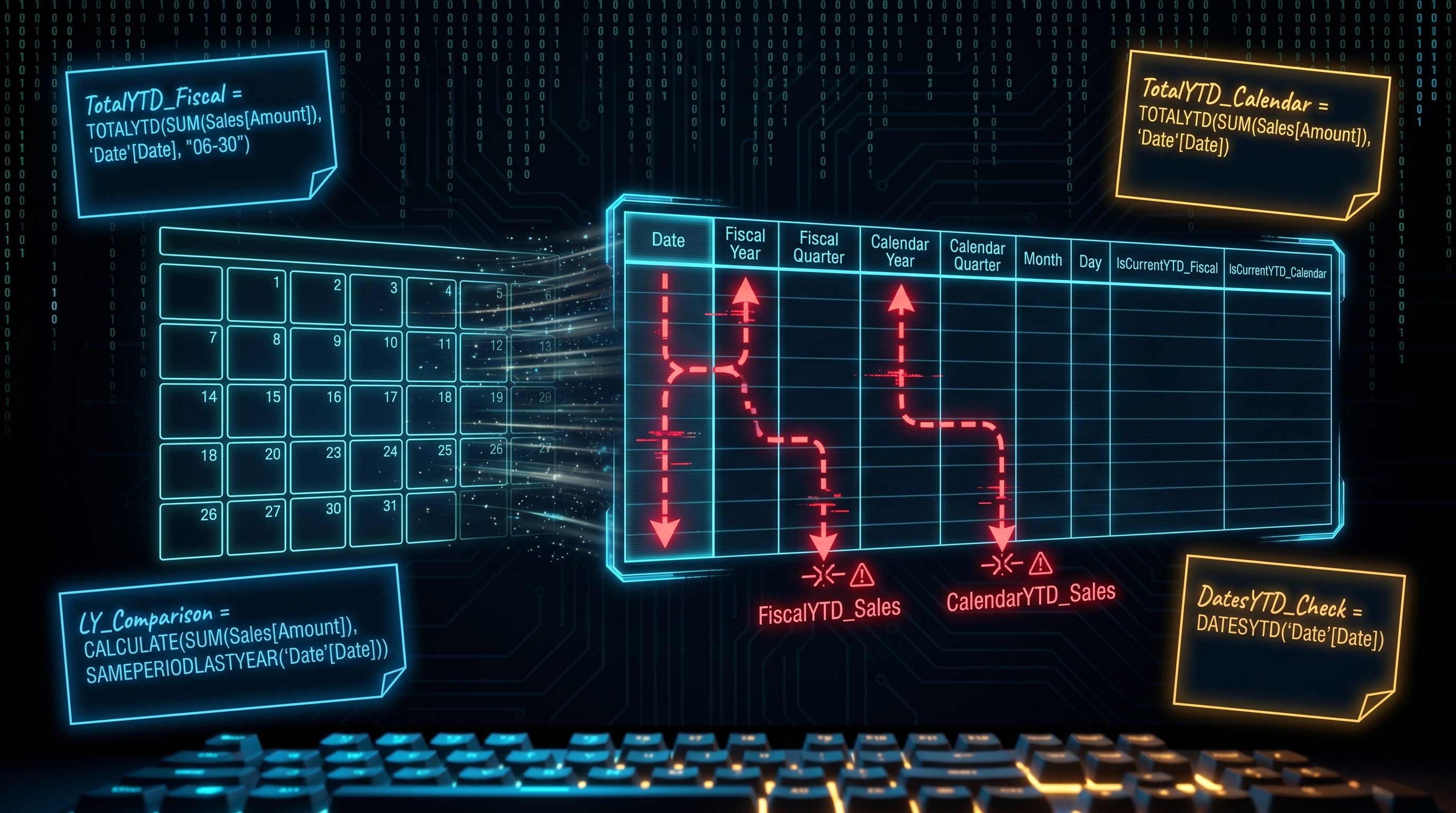 A glowing calendar grid bleeding into a date table, with red dotted lines tracing broken time intelligence flow between months and DAX formulas pinned around it on sticky notes.