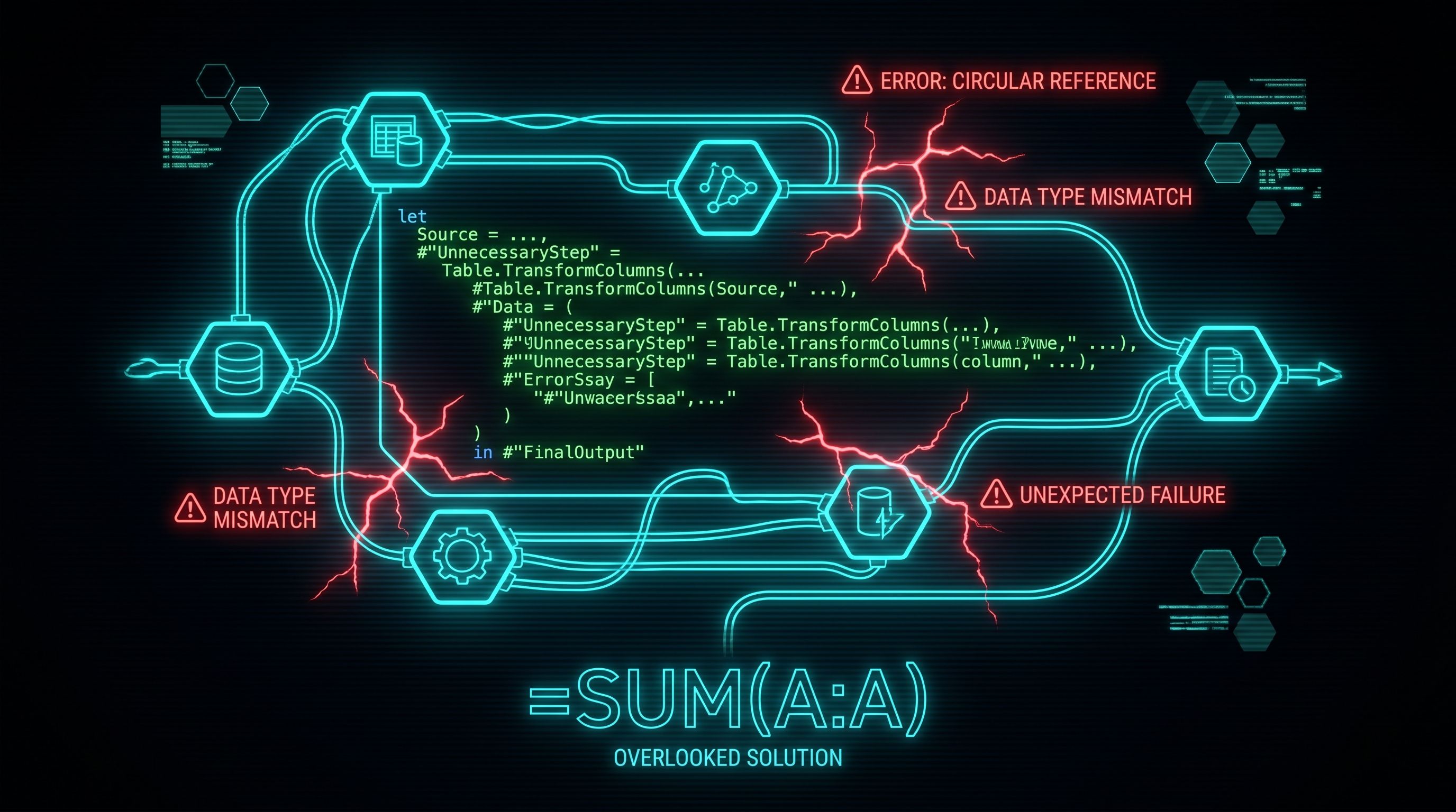 A glowing Power Query "Applied Steps" panel collapsing under the weight of oversized server racks and a Python snake icon climbing out of one of the steps.