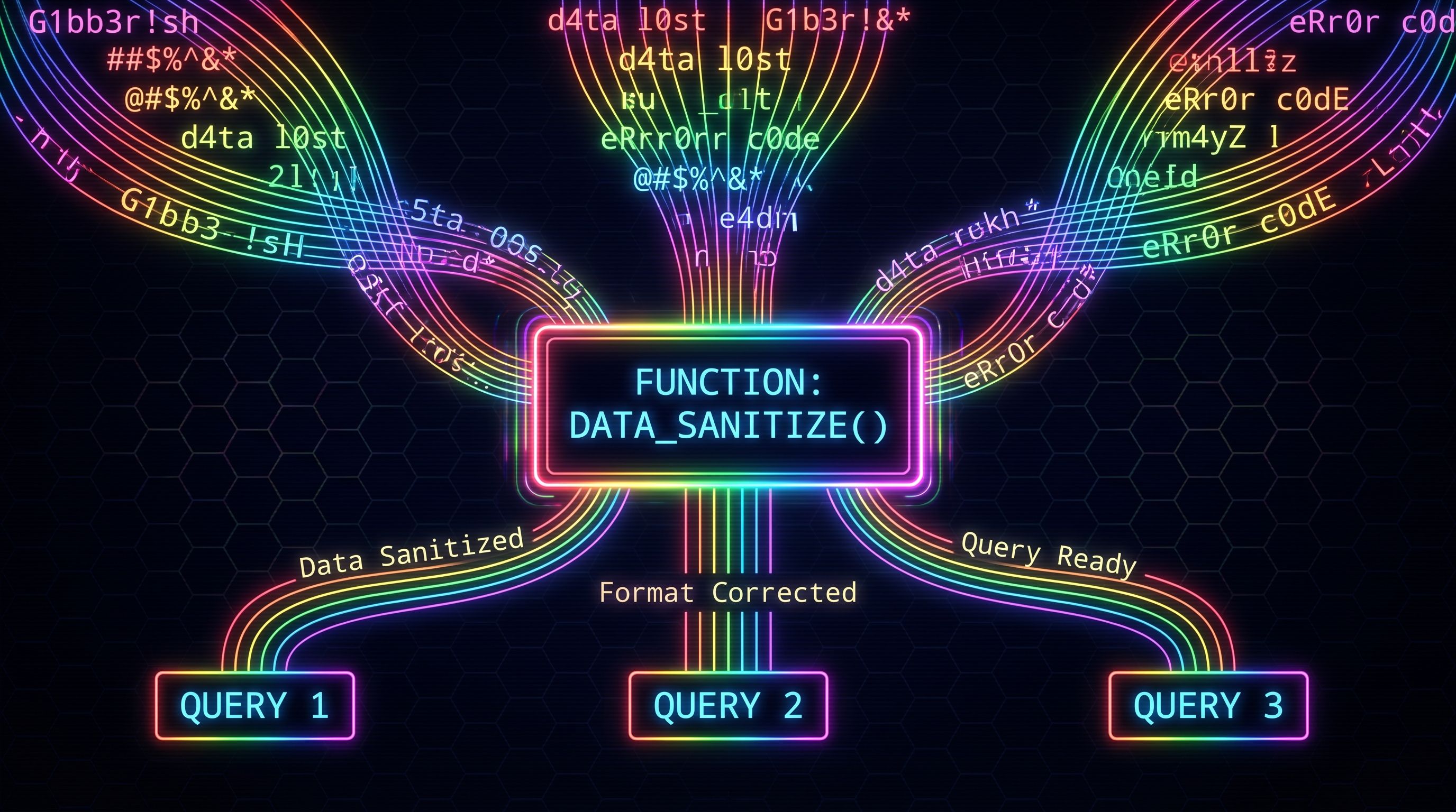 Garbled text streams feed a central DATA_SANITIZE() function node and emerge clean into three labelled query boxes.